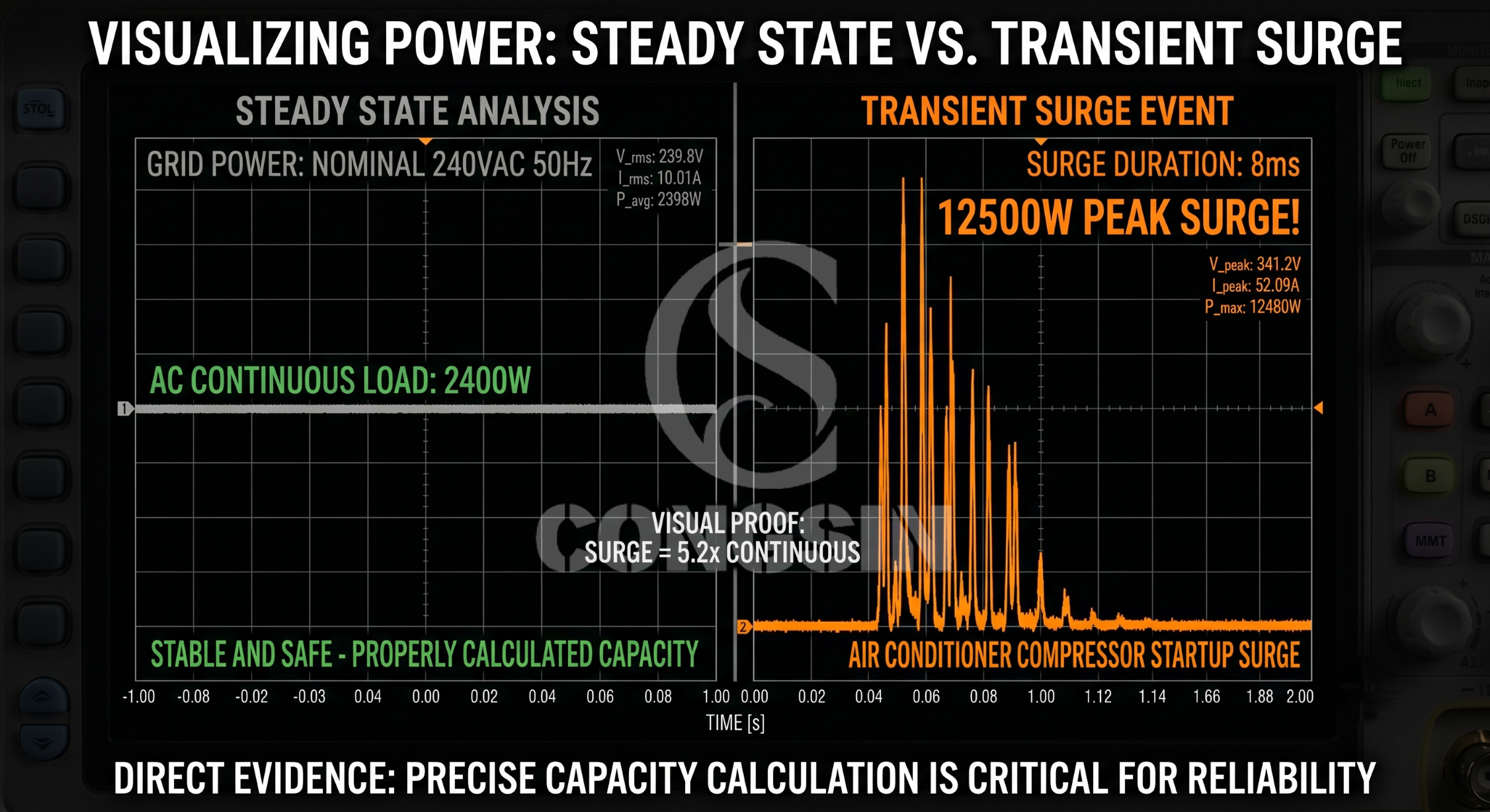 Data graph comparing continuous wattage versus surge power spikes Data graph comparing continuous wattage versus surge power spikes
