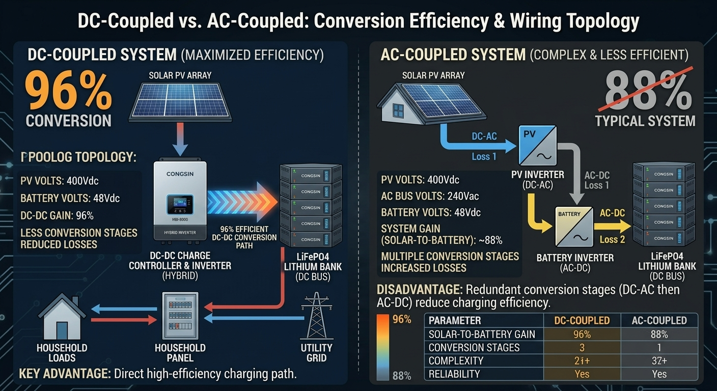 DC-coupled versus AC-coupled solar storage system architecture diagram.