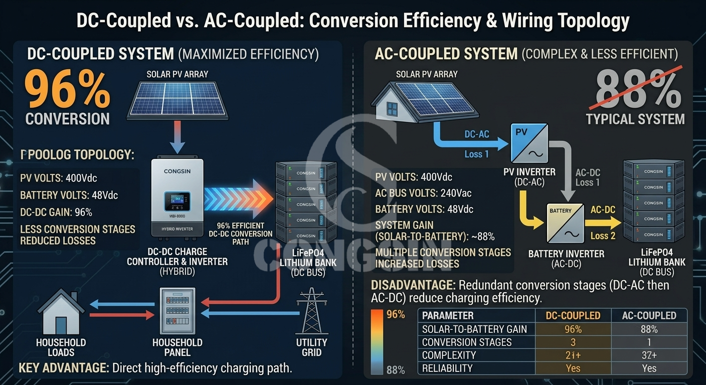DC-coupled versus AC-coupled solar storage system architecture diagram. DC-coupled versus AC-coupled solar storage system architecture diagram.