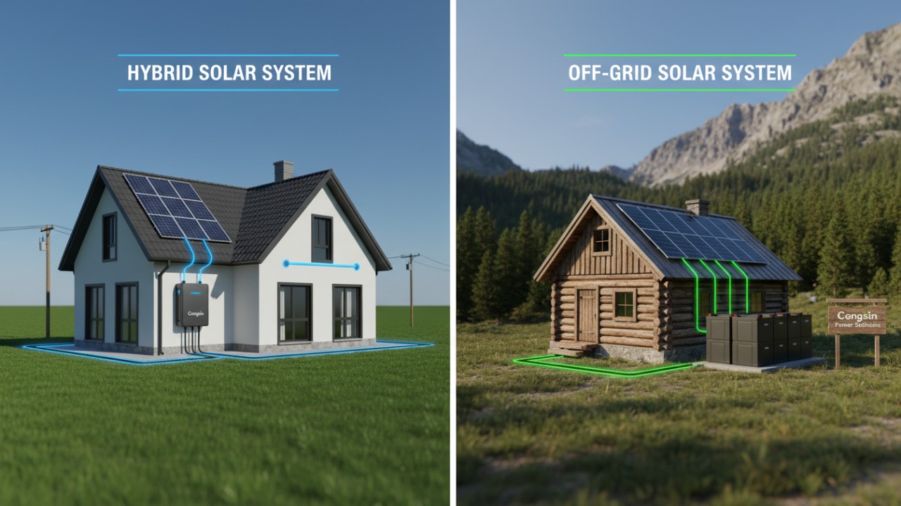 Diagram comparing hybrid vs off grid solar inverter setups for homes and remote cabins