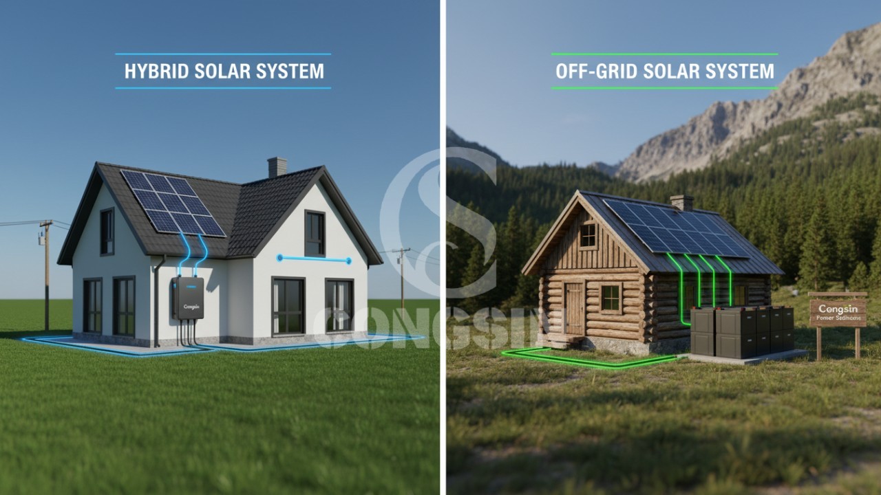 Diagram comparing hybrid vs off grid solar inverter setups for homes and remote cabins