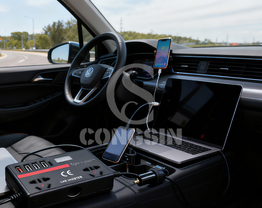 Diagram of in-vehicle usage scenarios for connecting laptops, mobile phones, and car refrigerators via an inverter Diagram of in-vehicle usage scenarios for connecting laptops, mobile phones, and car refrigerators via an inverter