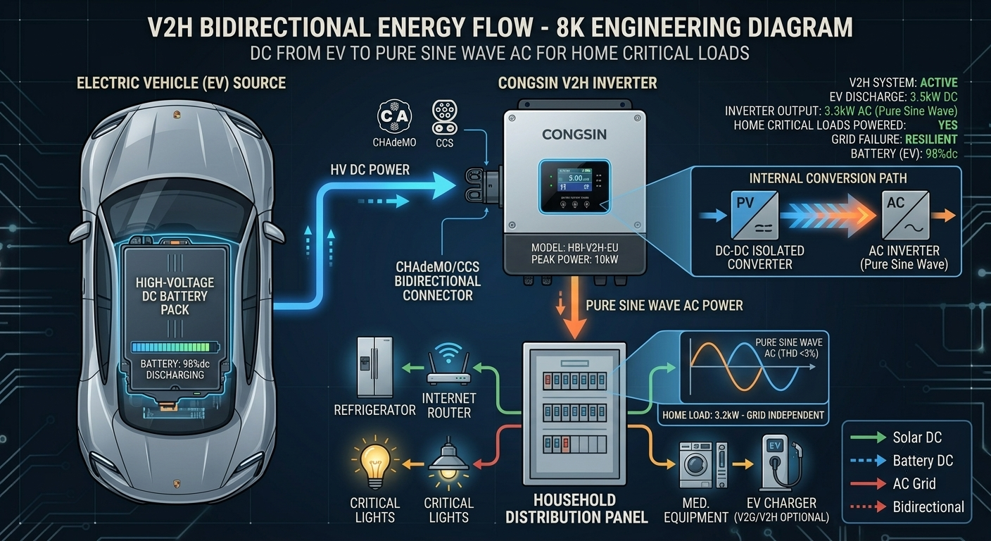 Diagram of V2H bidirectional power flow using CHAdeMO and CCS protocols.