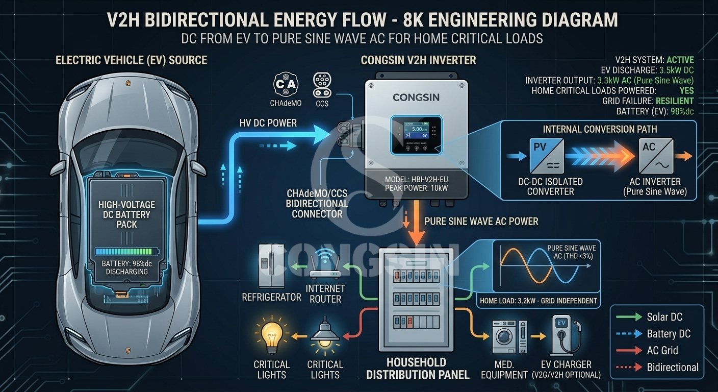 Diagram of V2H bidirectional power flow using CHAdeMO and CCS protocols. Diagram of V2H bidirectional power flow using CHAdeMO and CCS protocols.