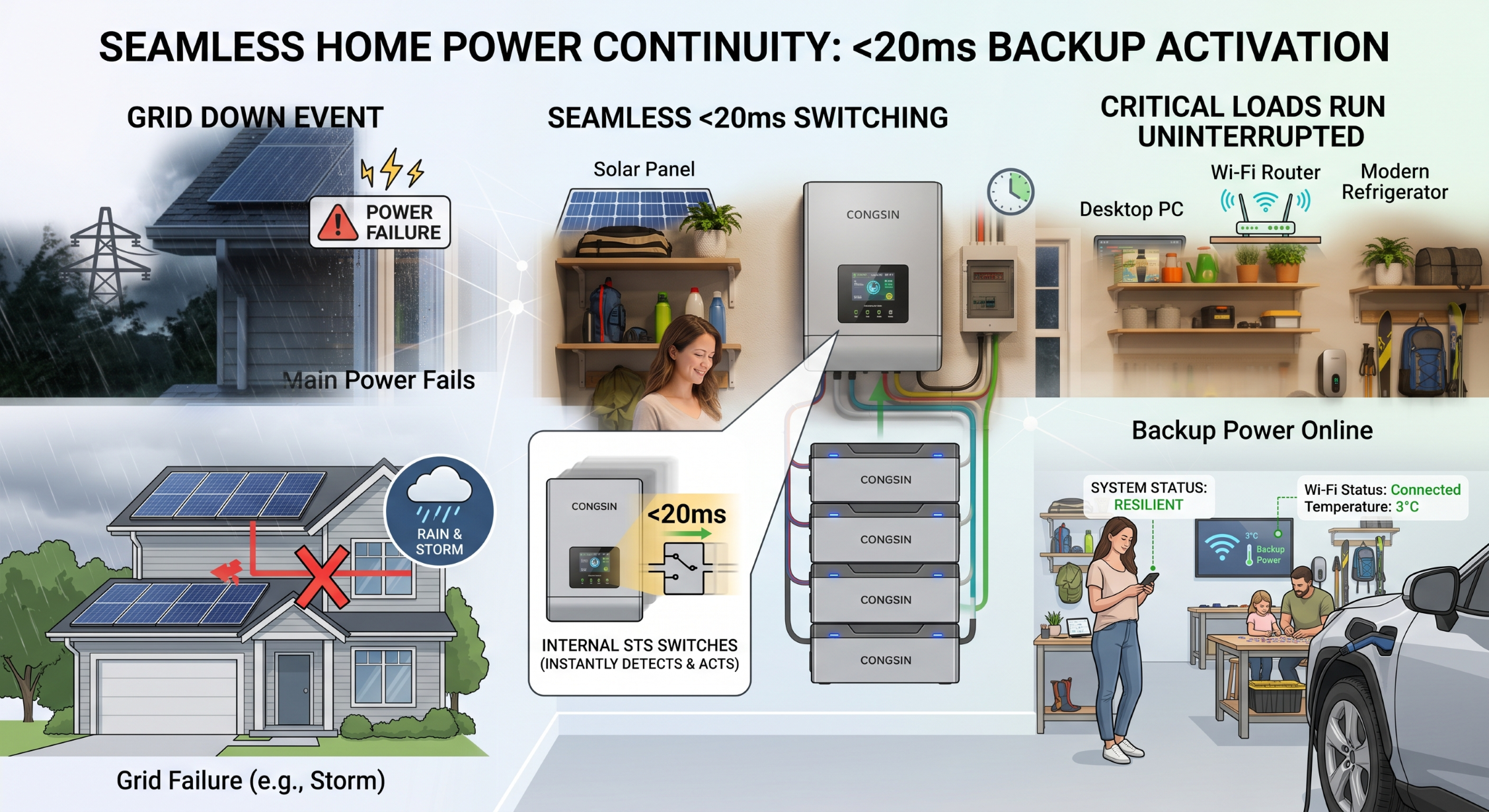 Diagram showing sub-20ms seamless microgrid islanding transition for home electronics.