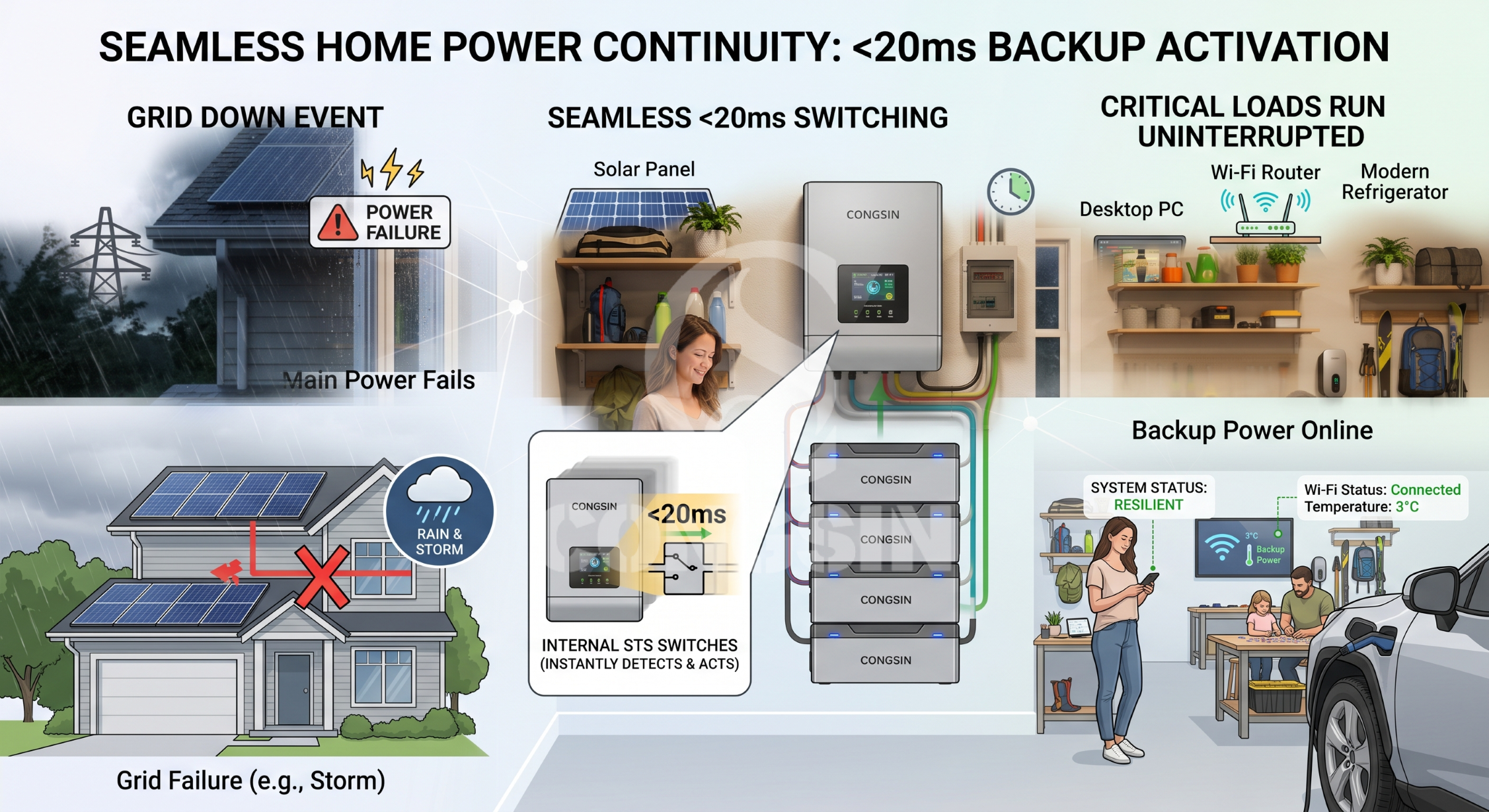 Diagram showing sub-20ms seamless microgrid islanding transition for home electronics. Diagram showing sub-20ms seamless microgrid islanding transition for home electronics.