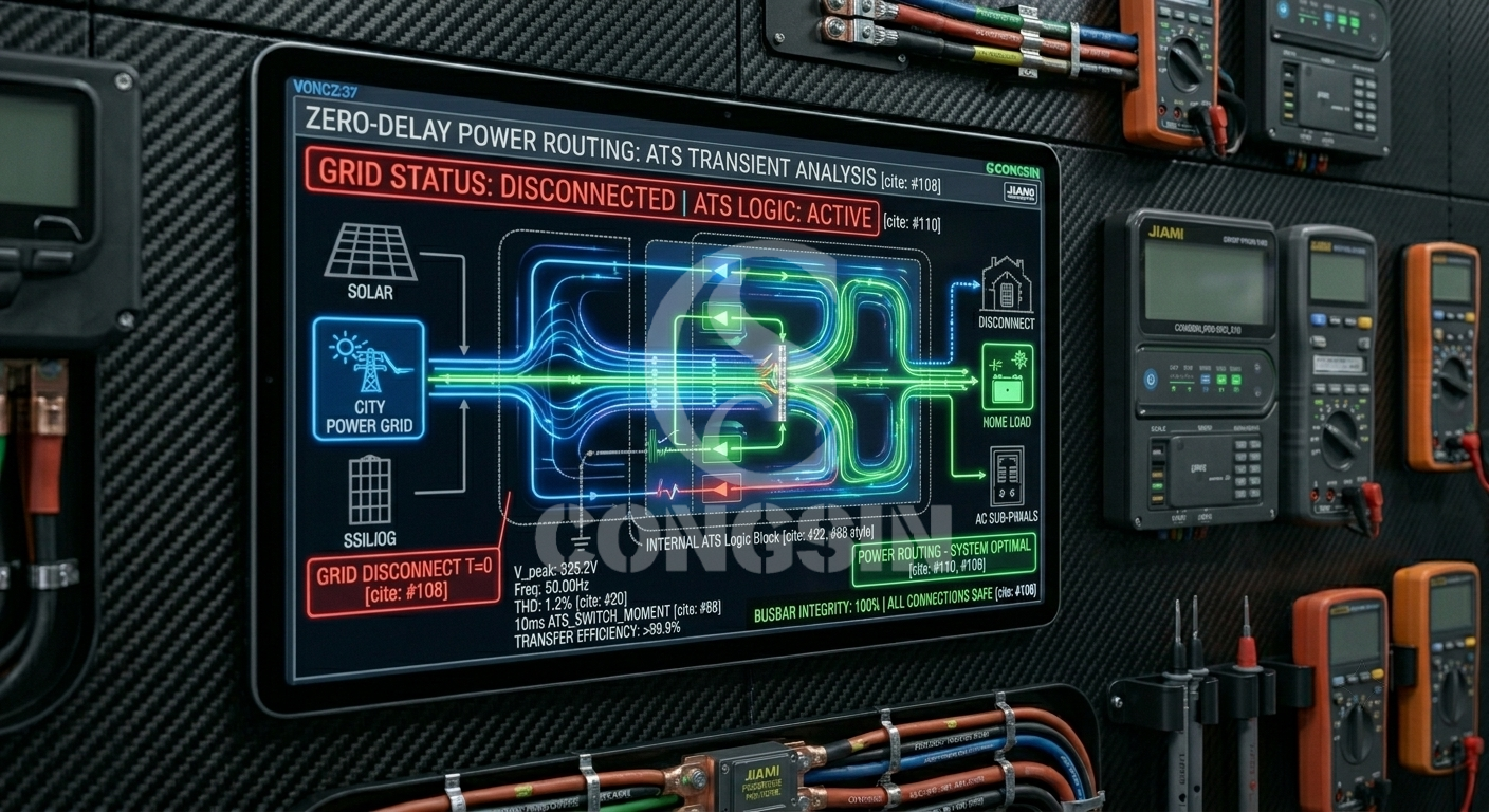 Digital diagram showing ATS logic and seamless power transition routing Digital diagram showing ATS logic and seamless power transition routing