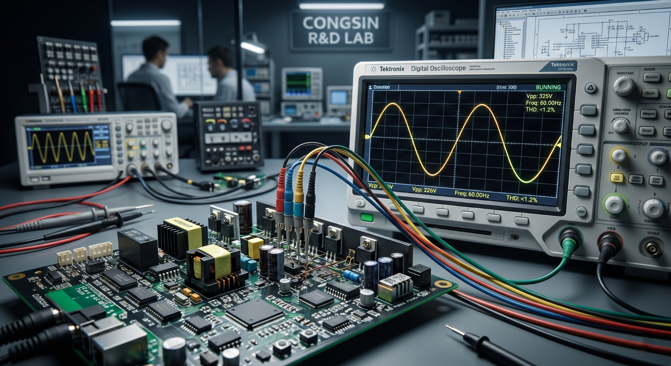 Digital oscilloscope testing pure sine wave output for custom OEM power solutions