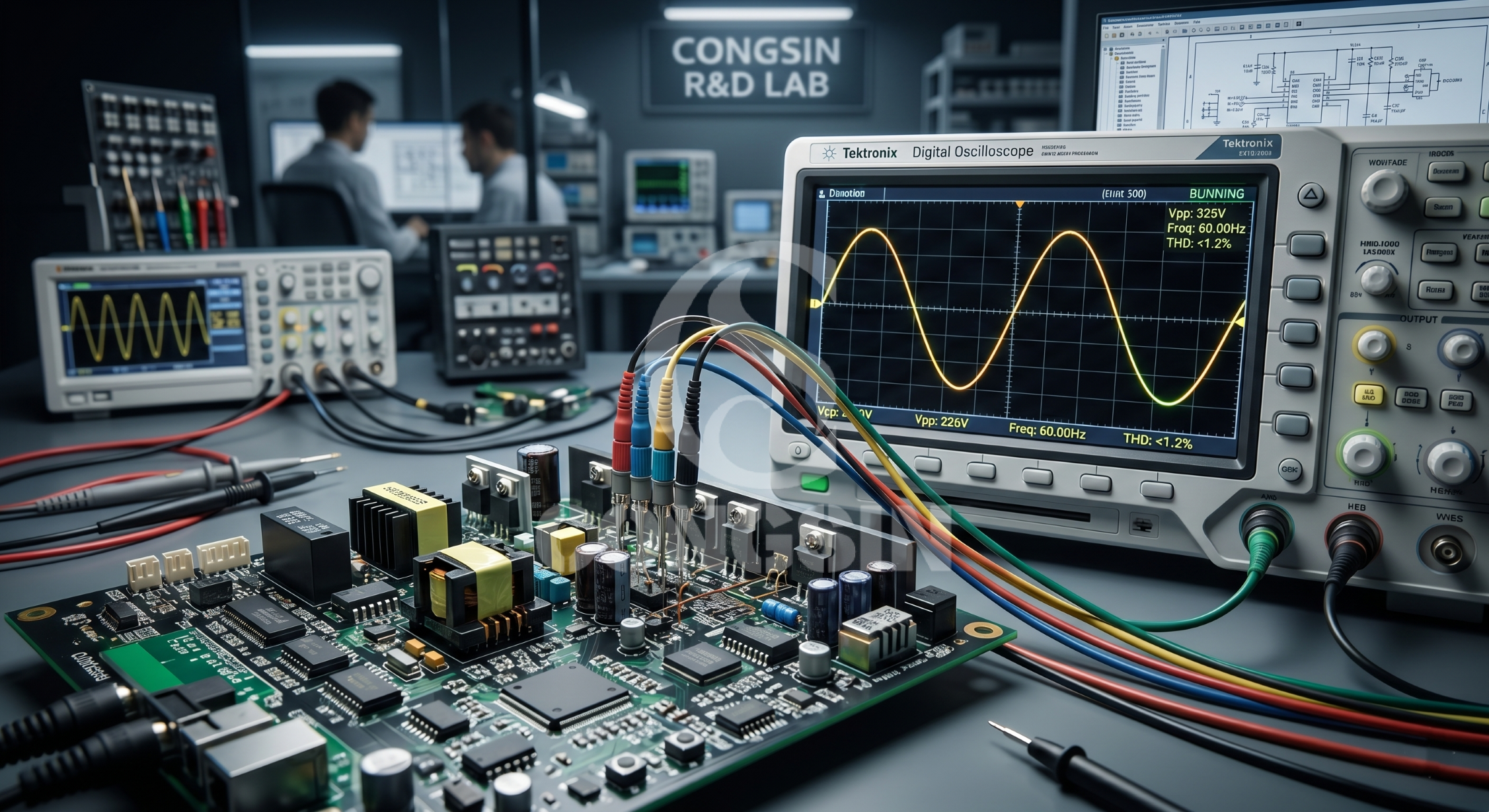 Digital oscilloscope testing pure sine wave output for custom OEM power solutions Digital oscilloscope testing pure sine wave output for custom OEM power solutions