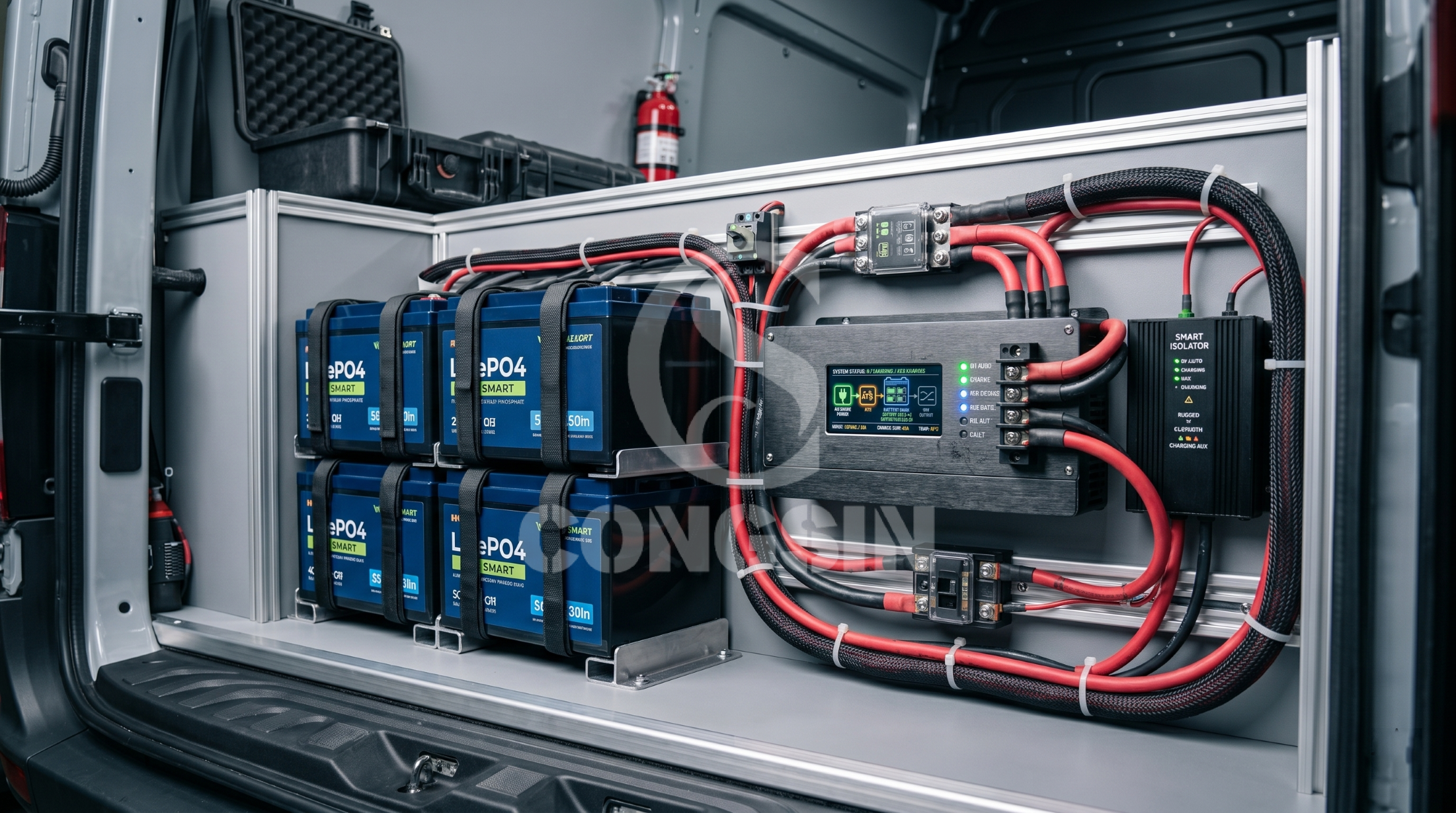 Dual battery system with deep cycle auxiliary bank connected to a fleet power inverter Dual battery system with deep cycle auxiliary bank connected to a fleet power inverter