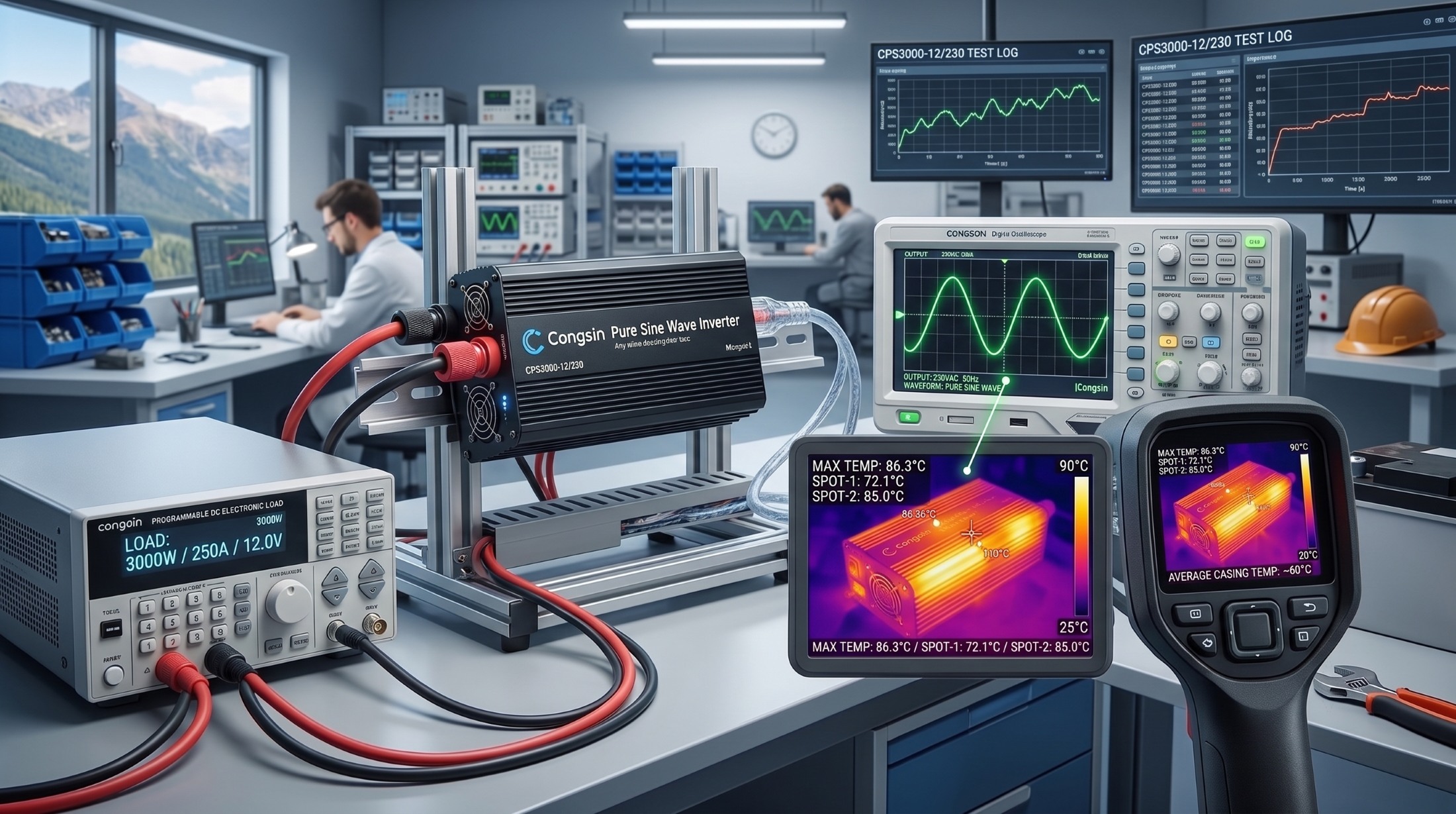Engineer testing THD and thermal efficiency of a 3000W OEM pure sine wave inverter