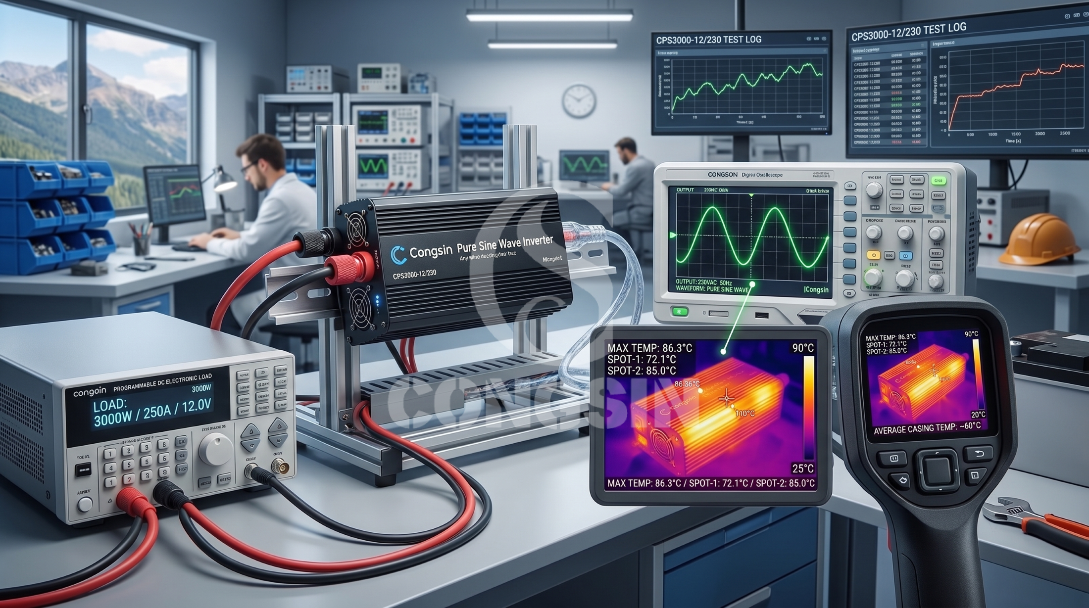 Engineer testing THD and thermal efficiency of a 3000W OEM pure sine wave inverter Engineer testing THD and thermal efficiency of a 3000W OEM pure sine wave inverter