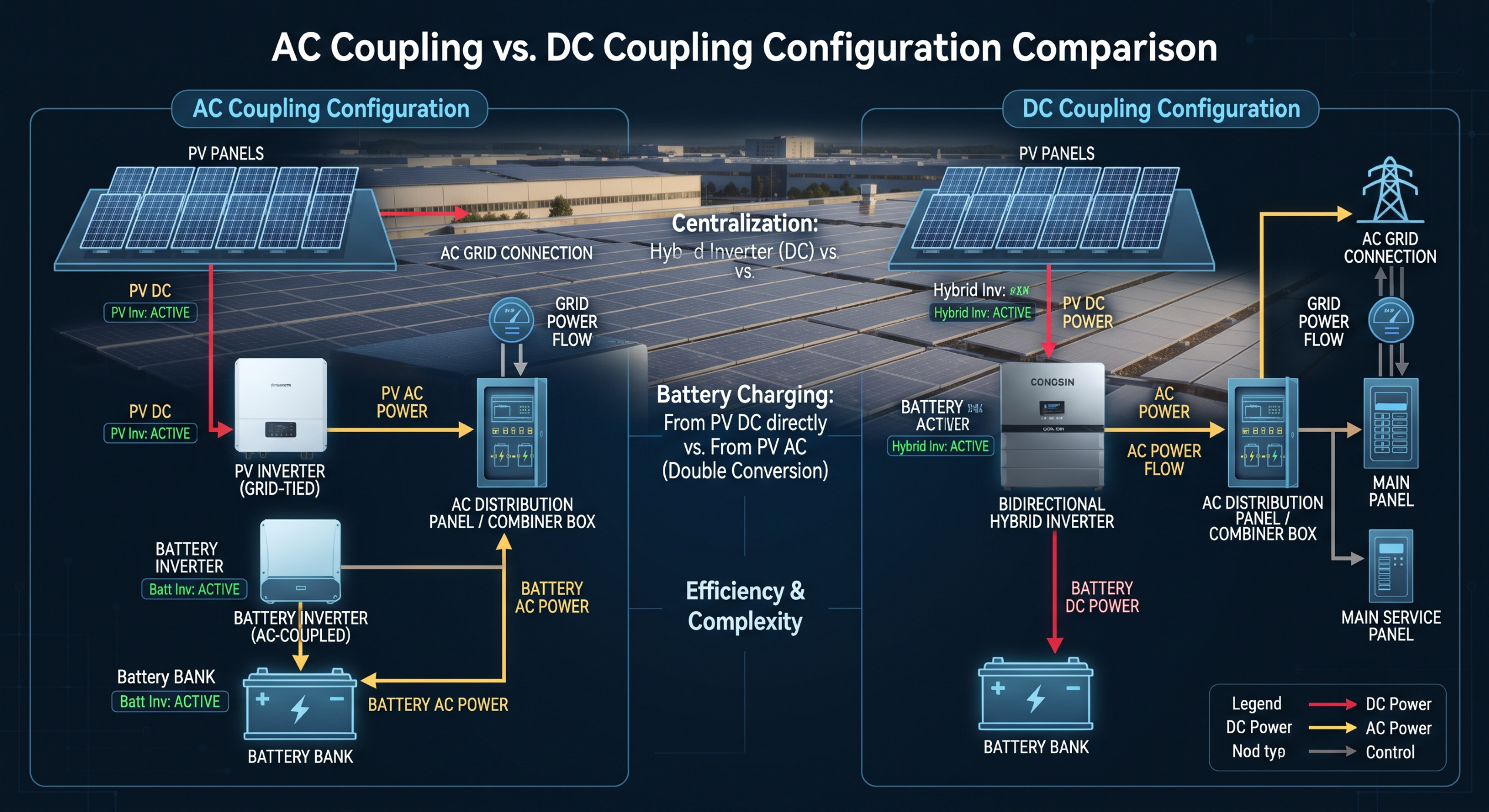 Engineering diagram comparing AC vs DC coupling in a hybrid solar inverter architecture.