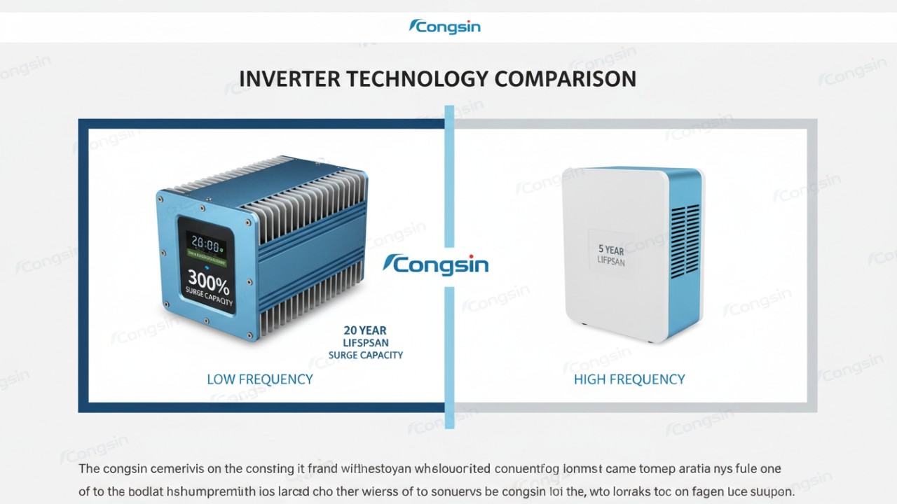 Graphic comparison between low frequency and high frequency inverter performance metrics