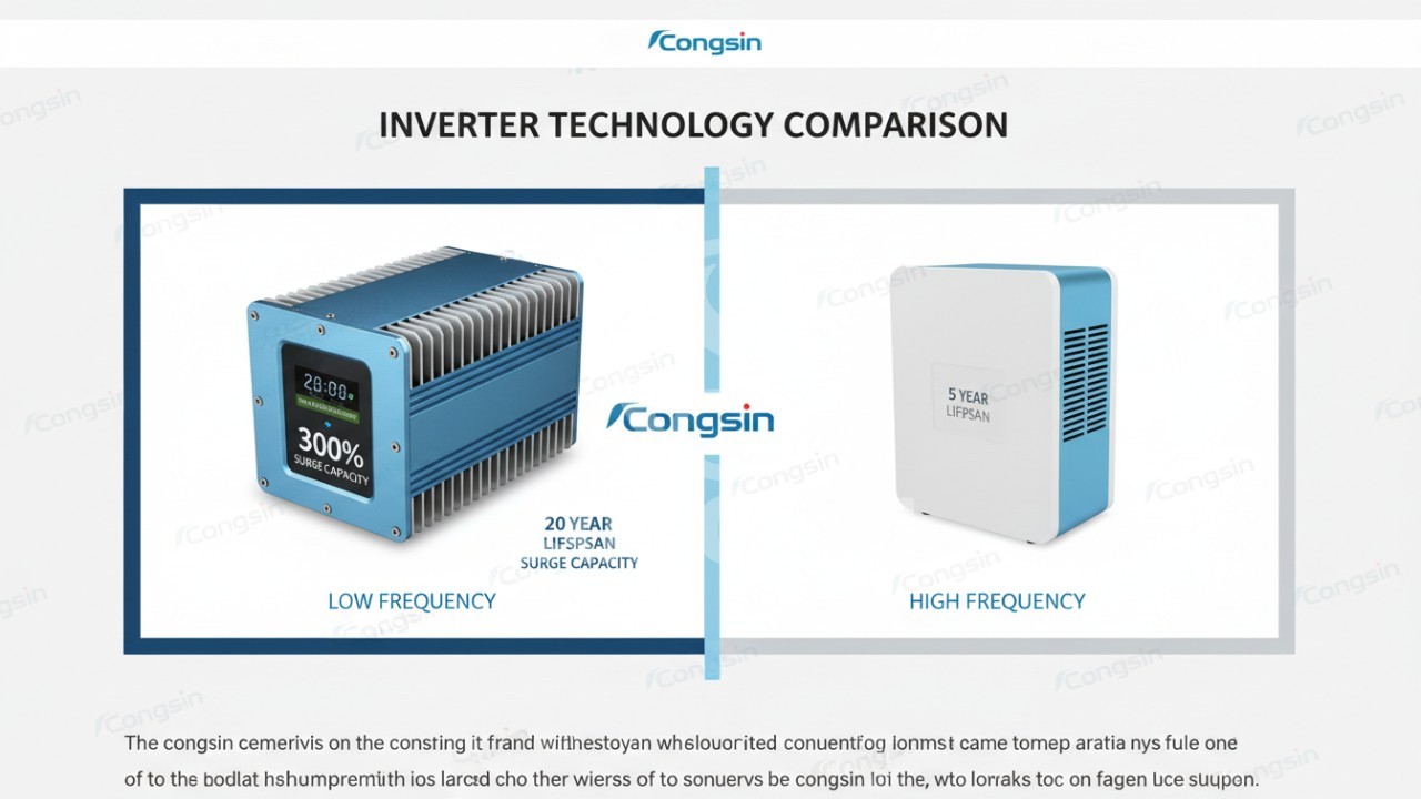 Graphic comparison between low frequency and high frequency inverter performance metrics