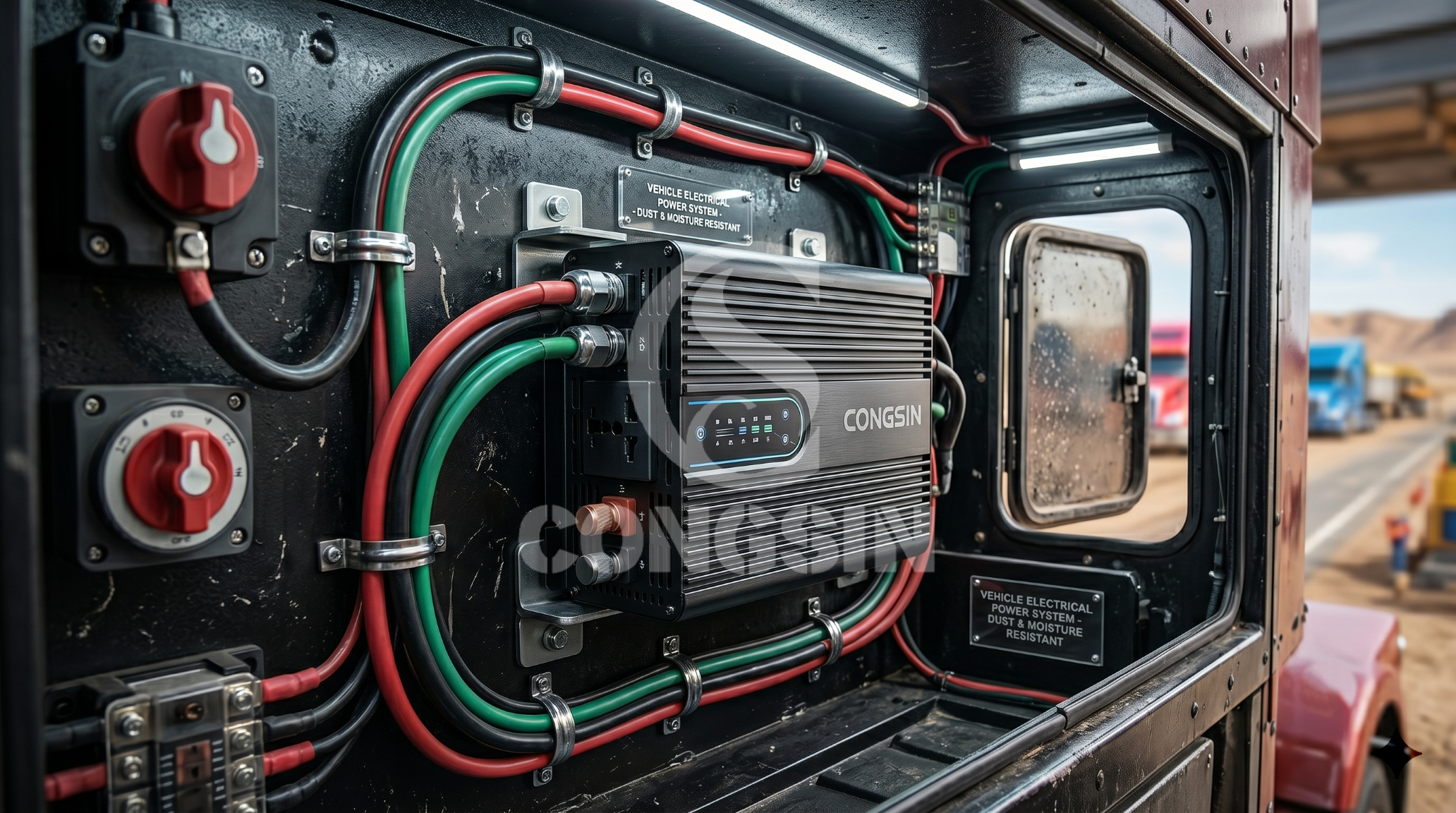 Heavy-duty space-saving campervan electronics and power inverter for truck installations Heavy-duty space-saving campervan electronics and power inverter for truck installations