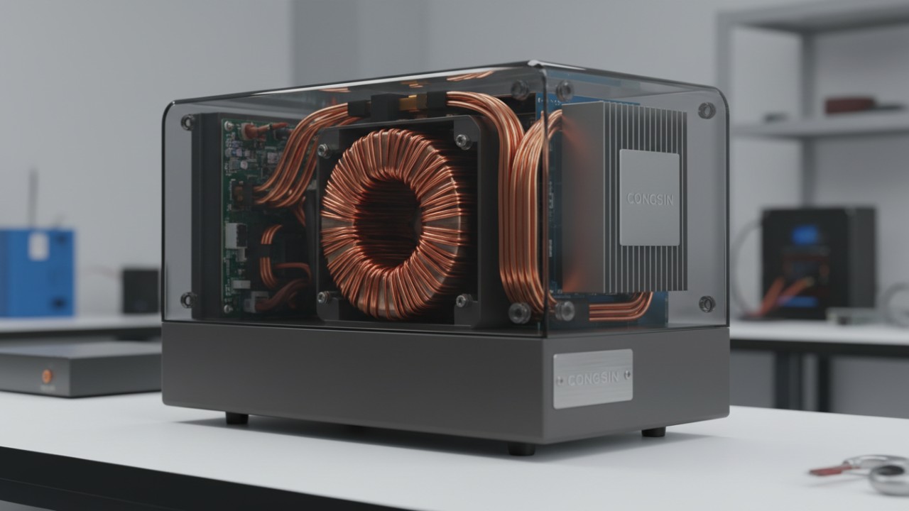 High quality 3D render of a low frequency solar inverter with an internal copper transformer