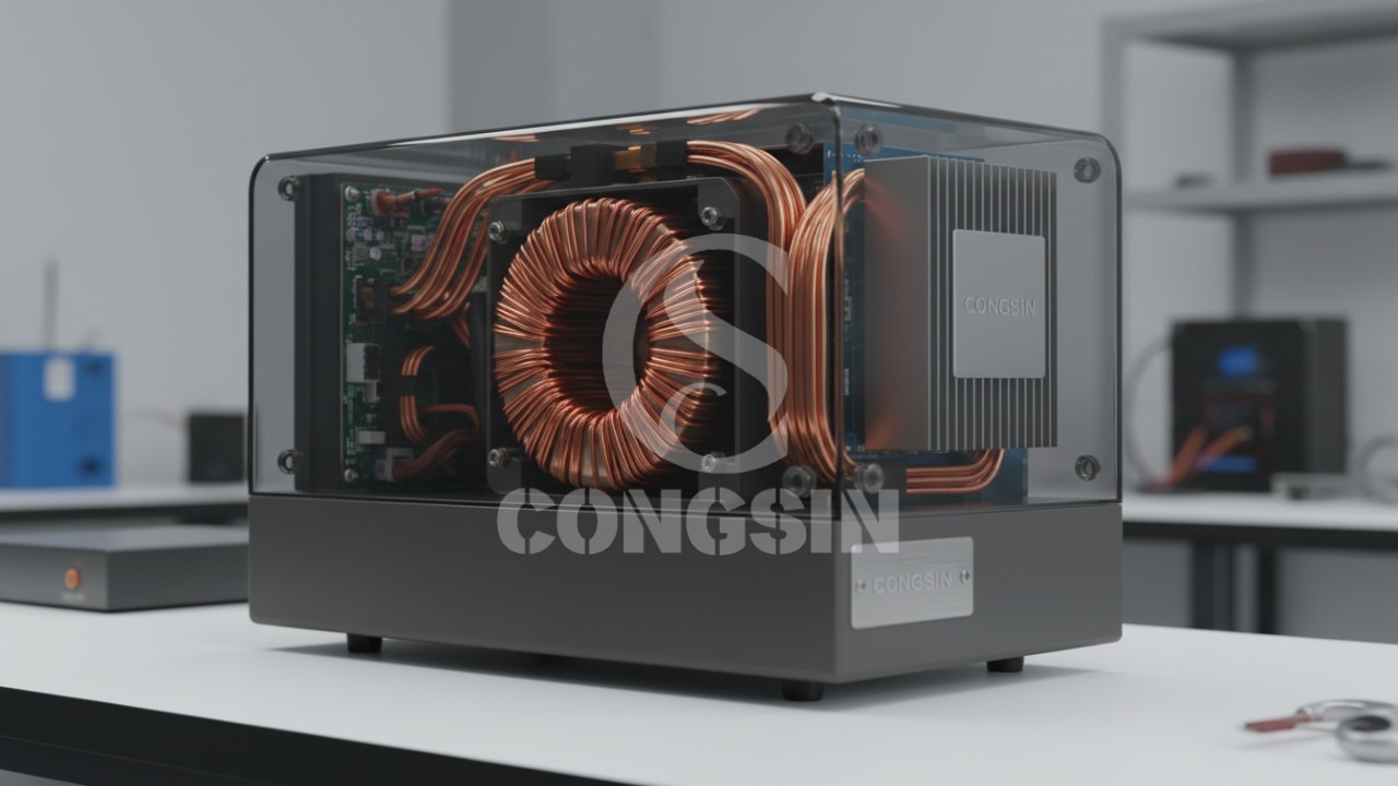 High quality 3D render of a low frequency solar inverter with an internal copper transformer