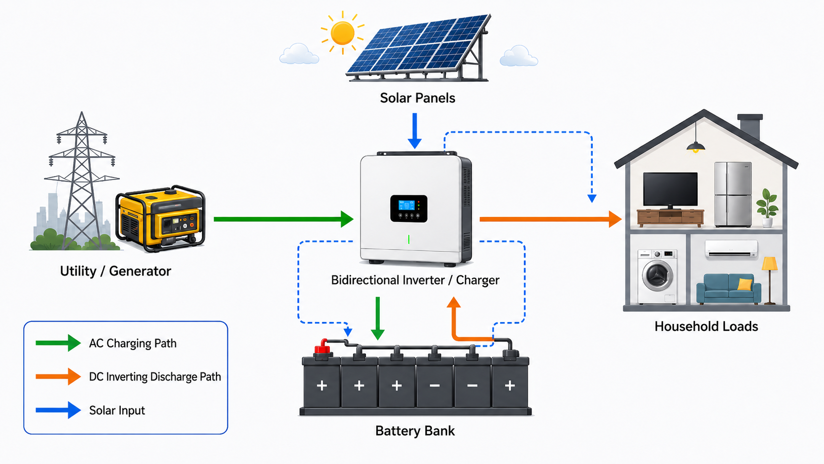 Home bidirectional inverter system architecture diagram with solar and battery backup.
