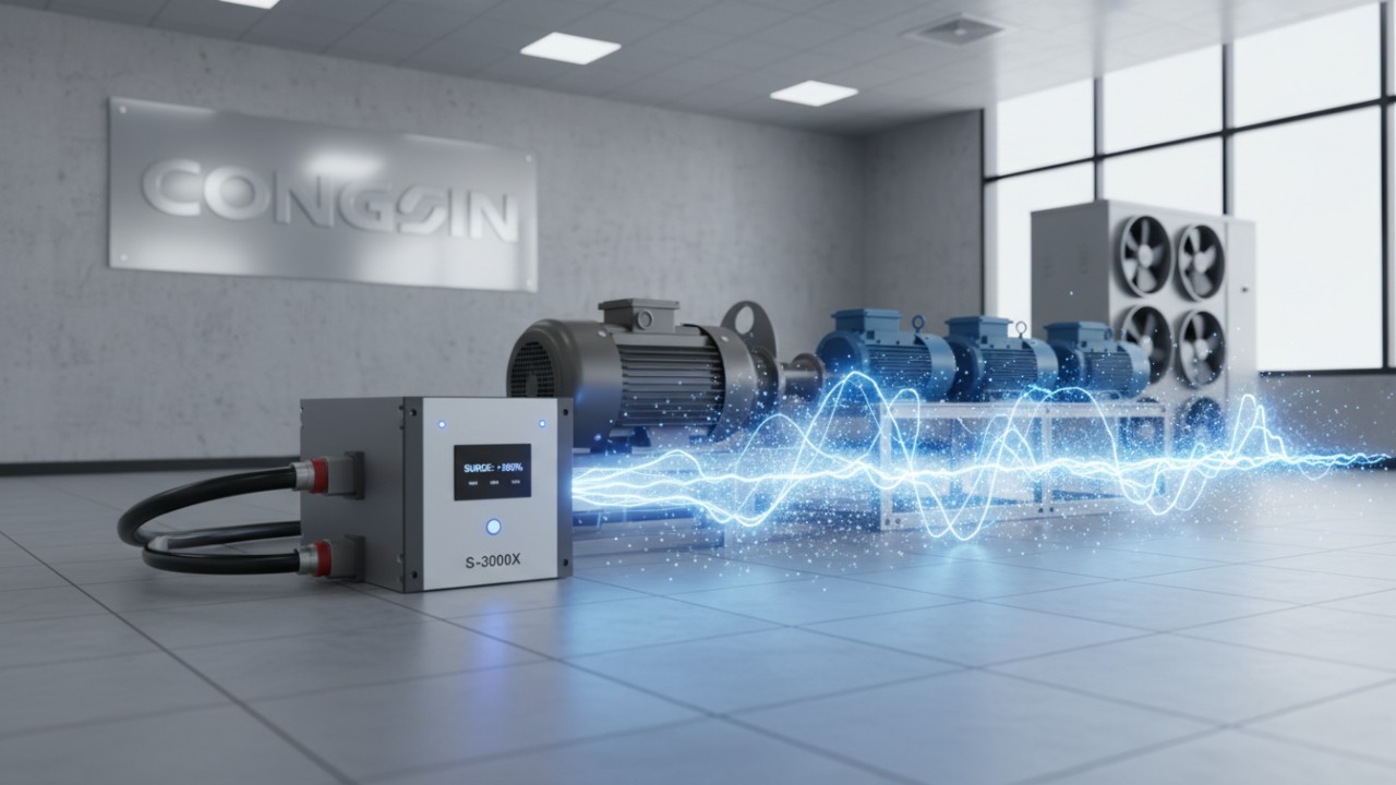 Illustration of a low frequency solar inverter handling power surges for industrial equipment