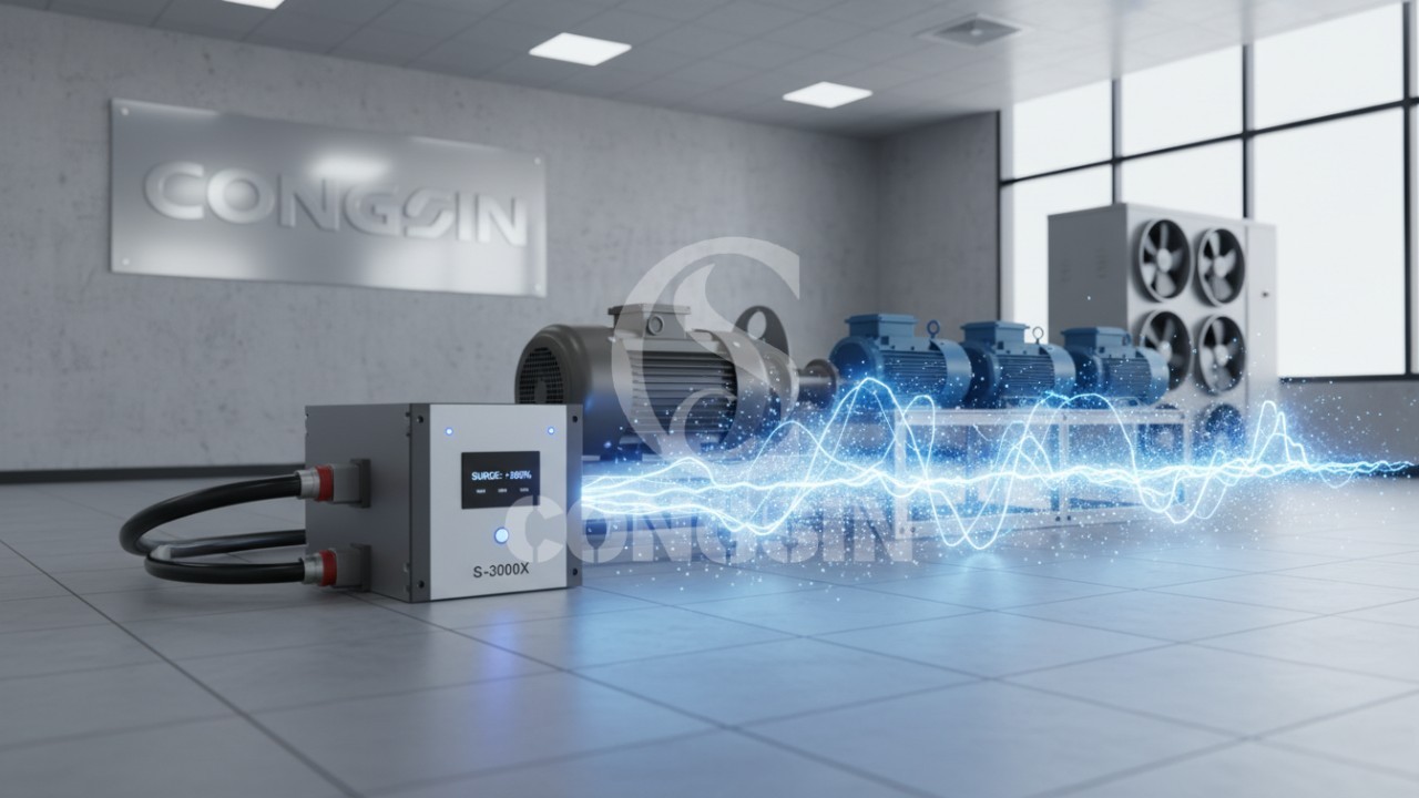 Illustration of a low frequency solar inverter handling power surges for industrial equipment