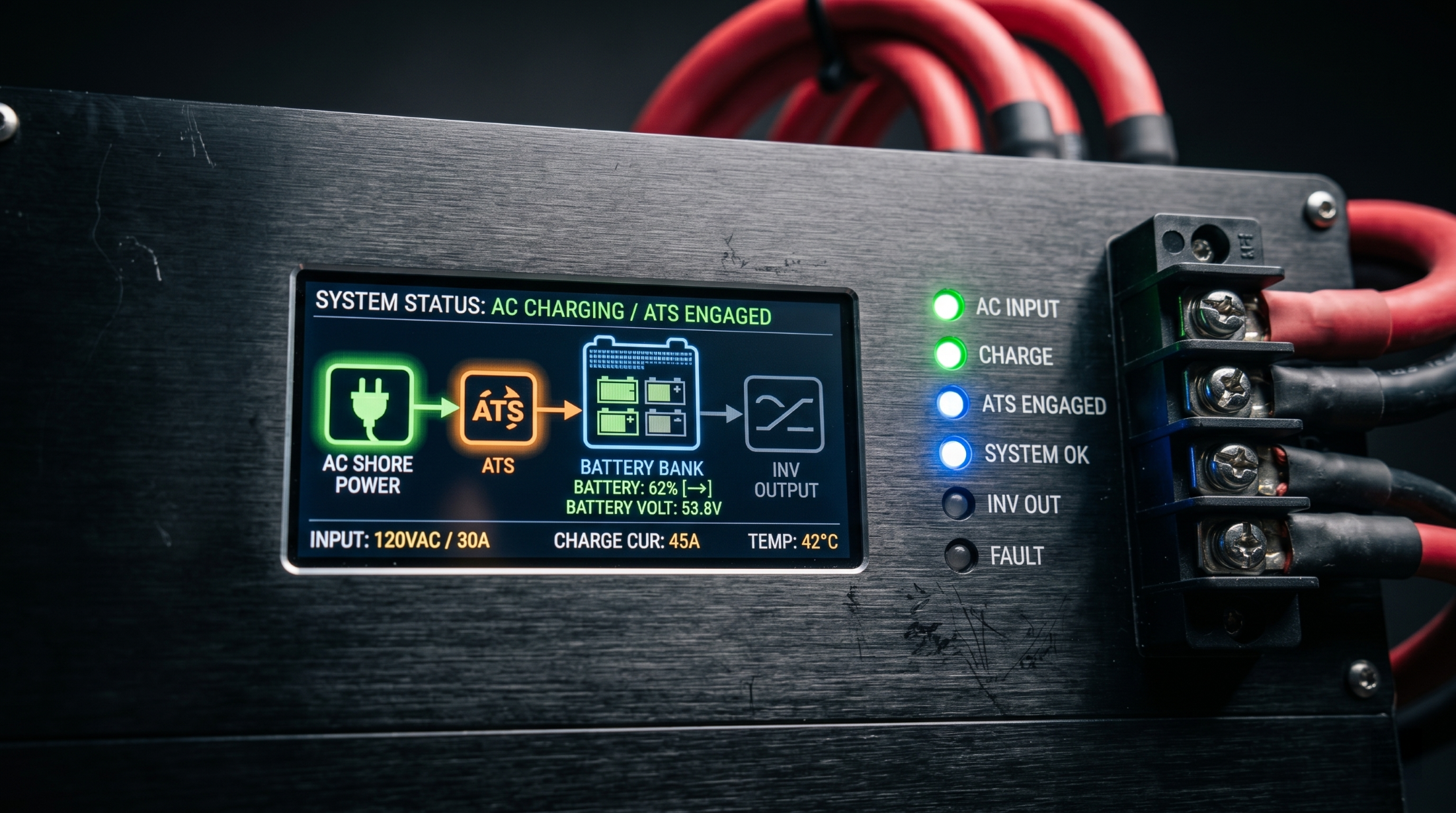 Industrial inverter charger displaying multi-stage battery charging and ATS status