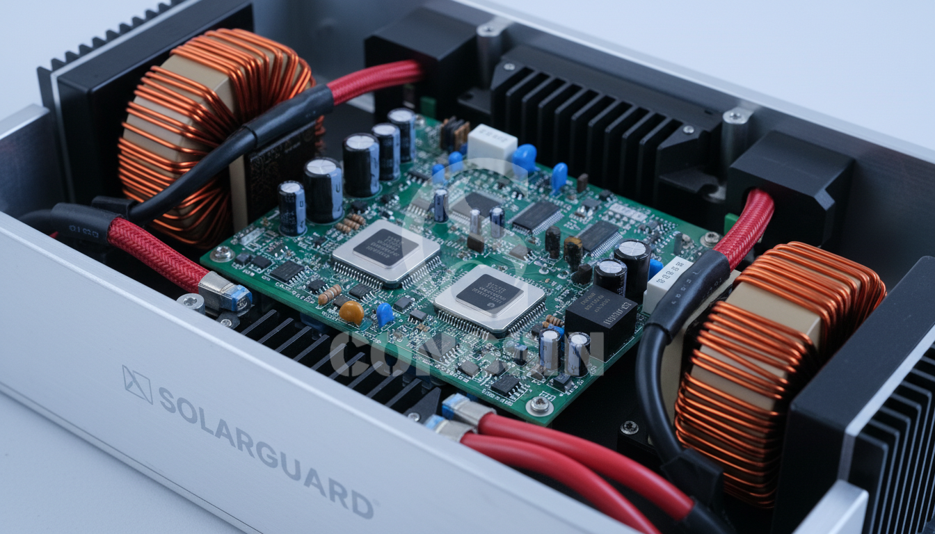 Internal components of a pure sine wave solar inverter featuring premium PCB and copper transformers Internal components of a pure sine wave solar inverter featuring premium PCB and copper transformers