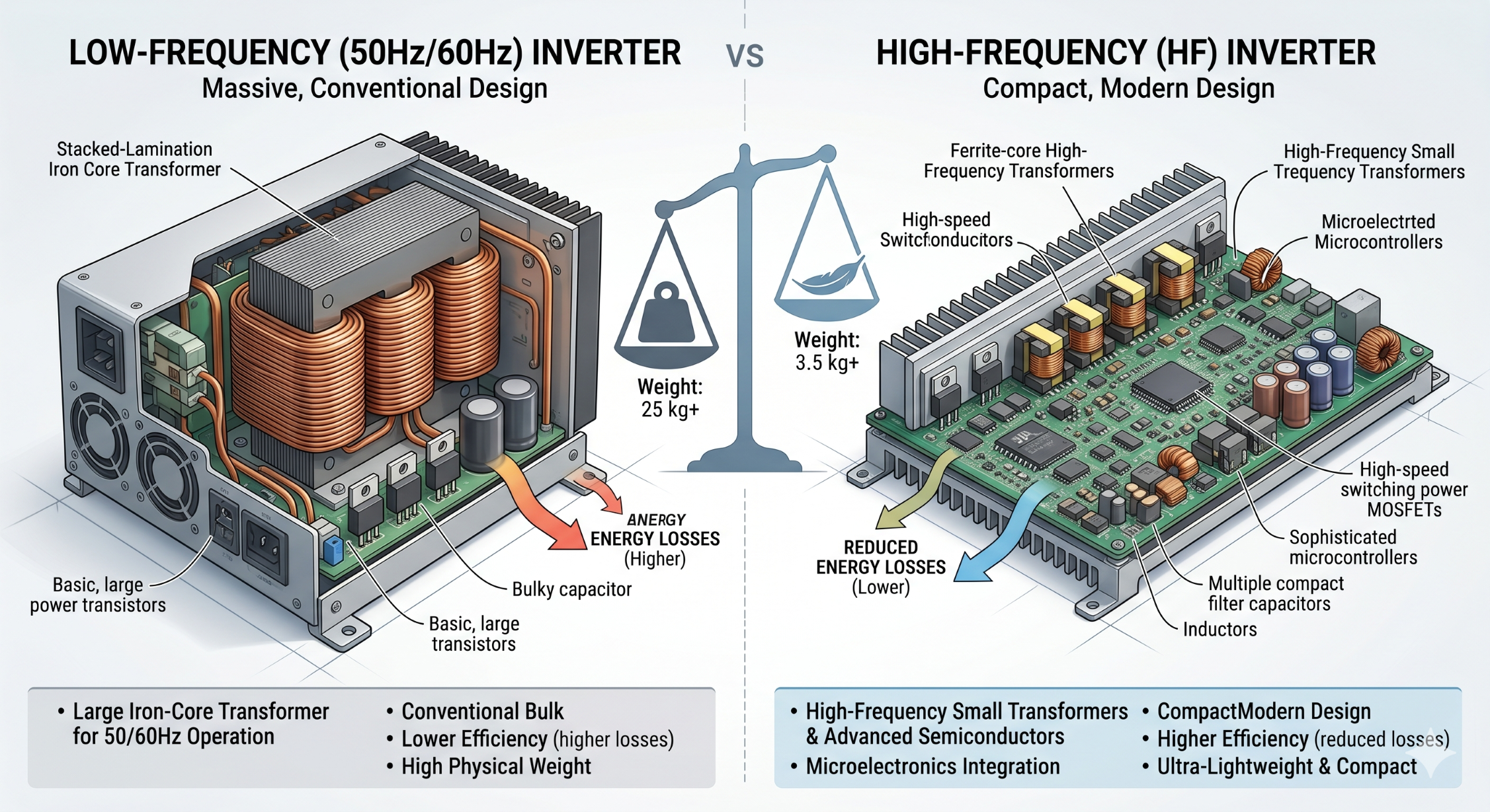 Internal structure comparison between heavy low frequency and compact high frequency inverters