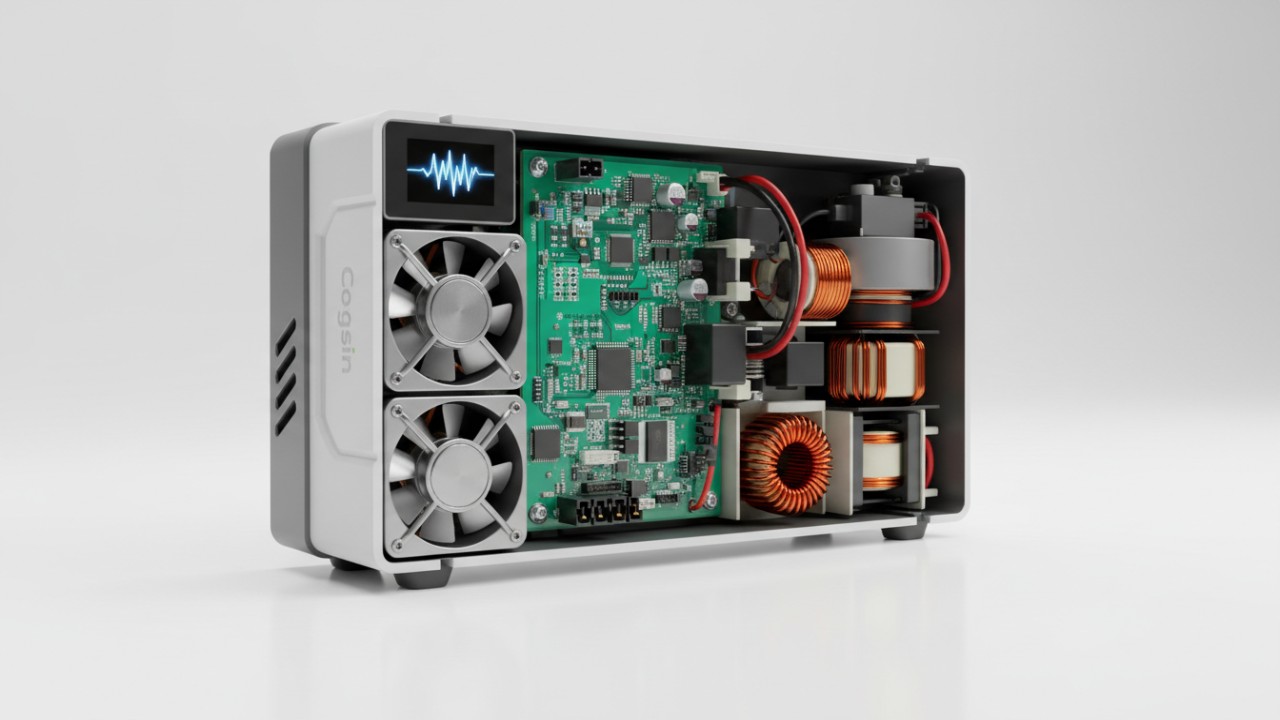 Internal view of a custom solar inverter showing PCB and components