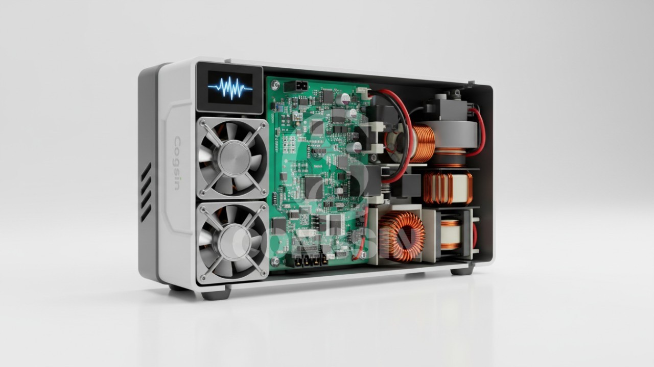 Internal view of a custom solar inverter showing PCB and components