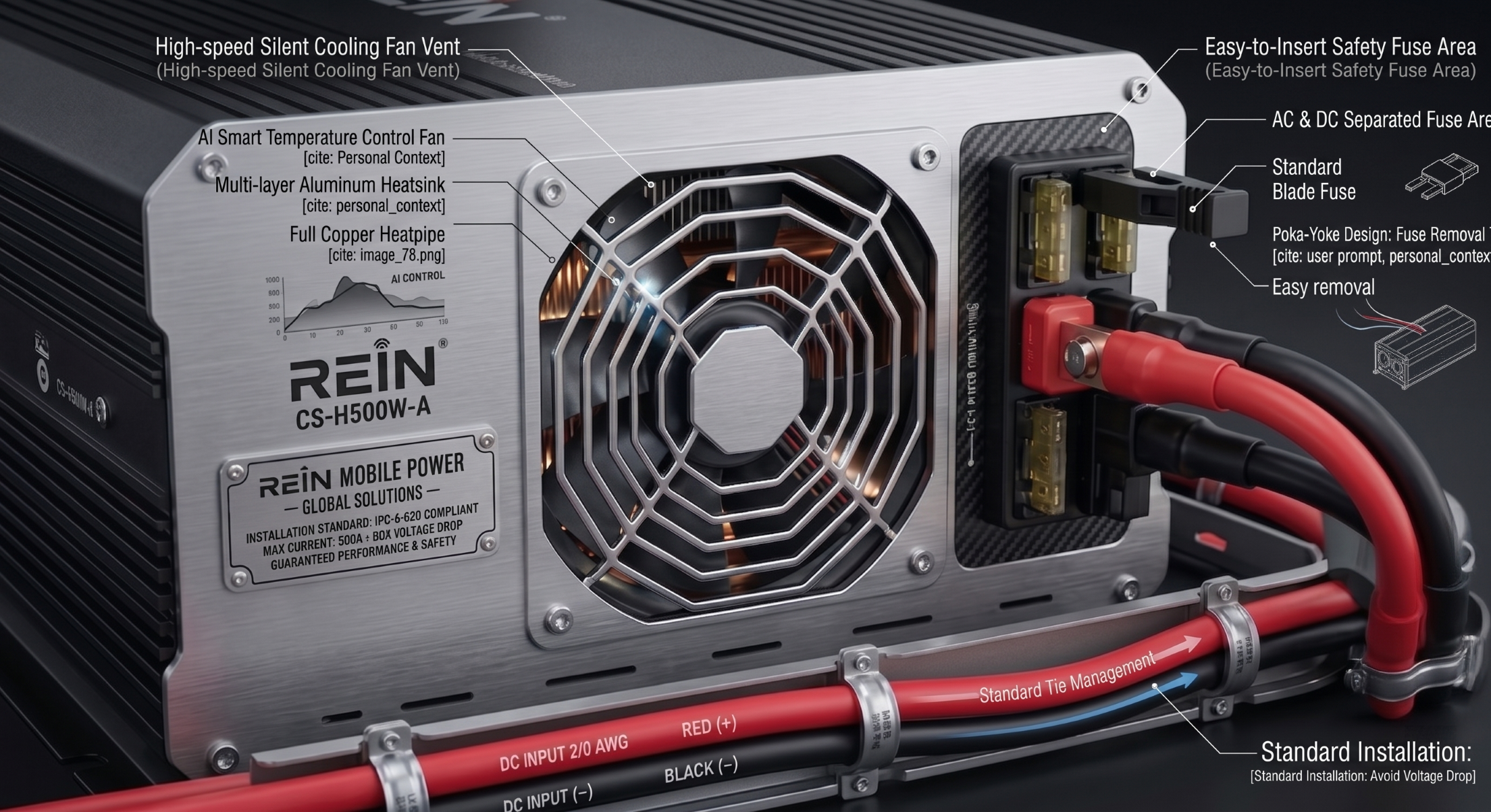 Inverter fire safety cooling fan and circuit protection