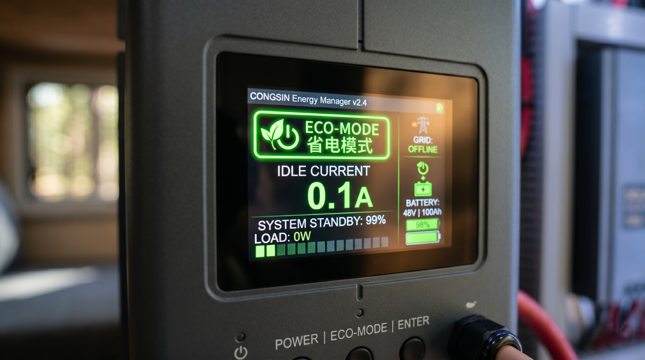 Inverter LCD screen showing active eco-mode to minimize idle power consumption