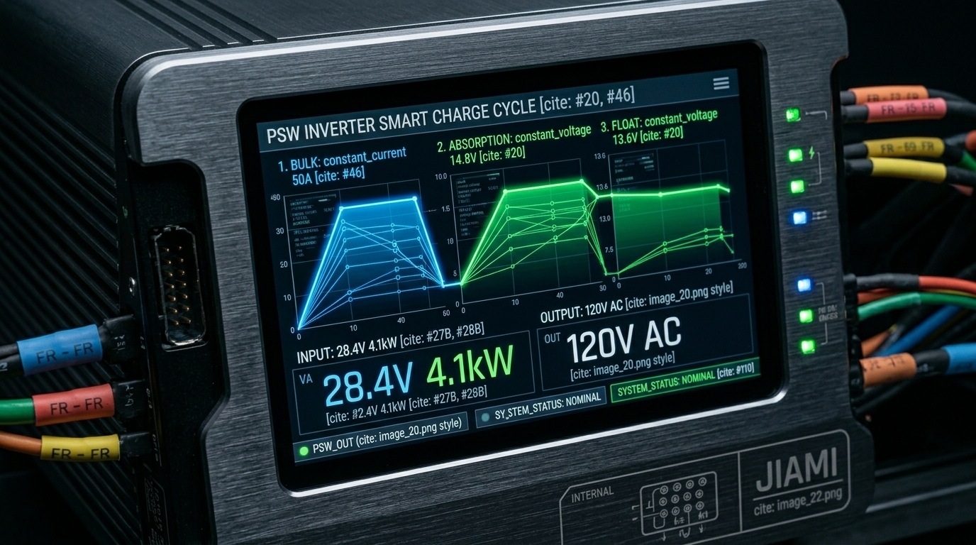 LCD display showing multi-stage smart charge cycles on a pure sine wave inverter