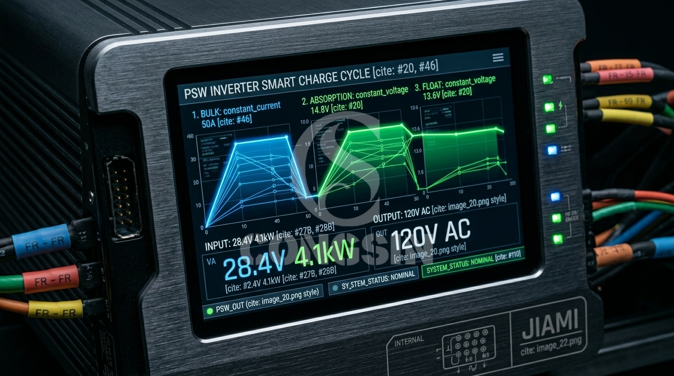 LCD display showing multi-stage smart charge cycles on a pure sine wave inverter LCD display showing multi-stage smart charge cycles on a pure sine wave inverter
