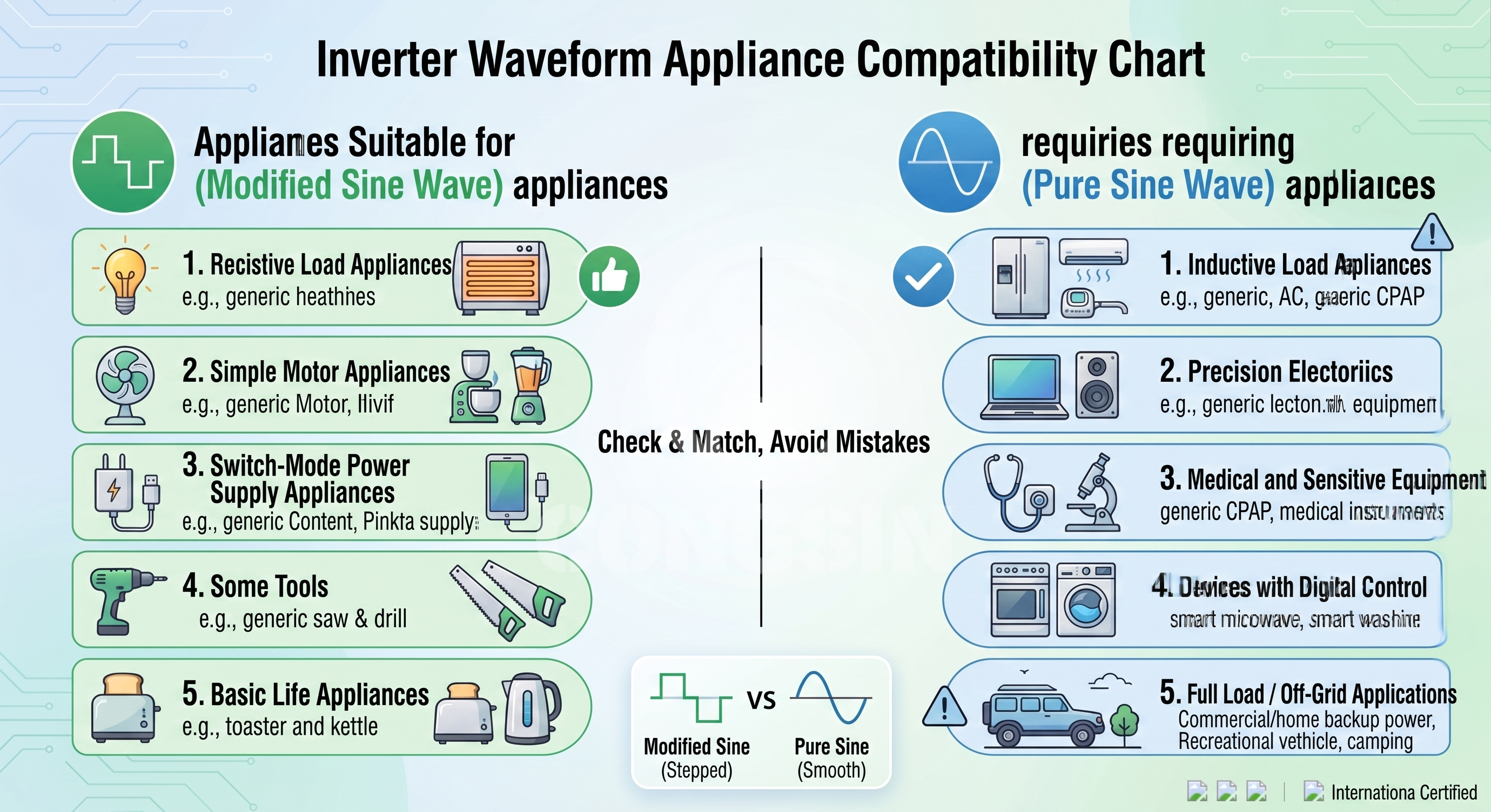 Modified sine wave appliance compatibility chart for electronics Modified sine wave appliance compatibility chart for electronics