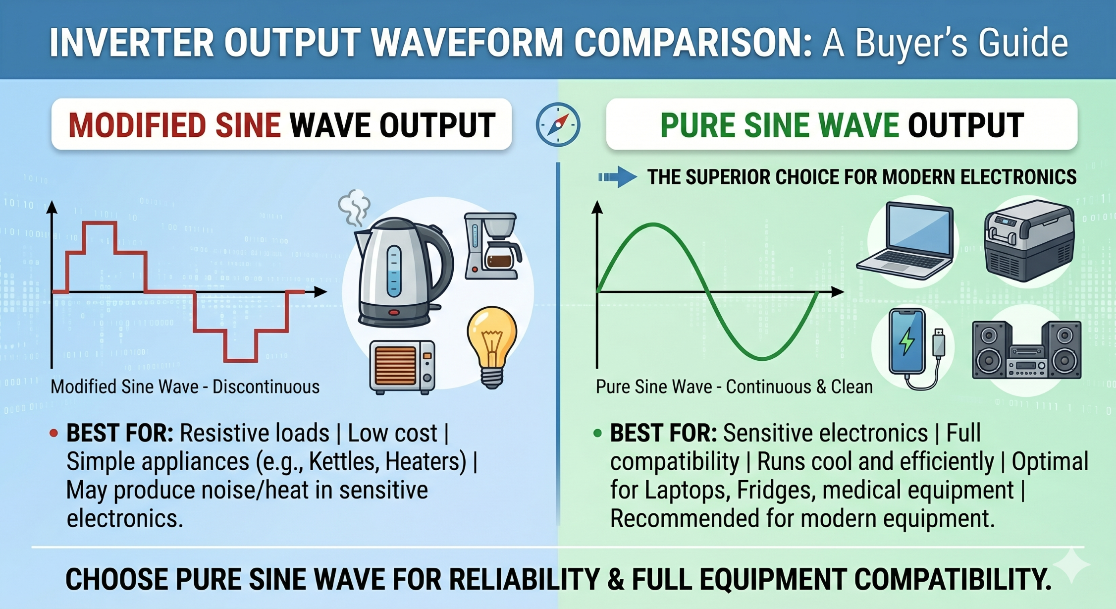 Modified sine wave vs pure sine wave inverter power output comparison