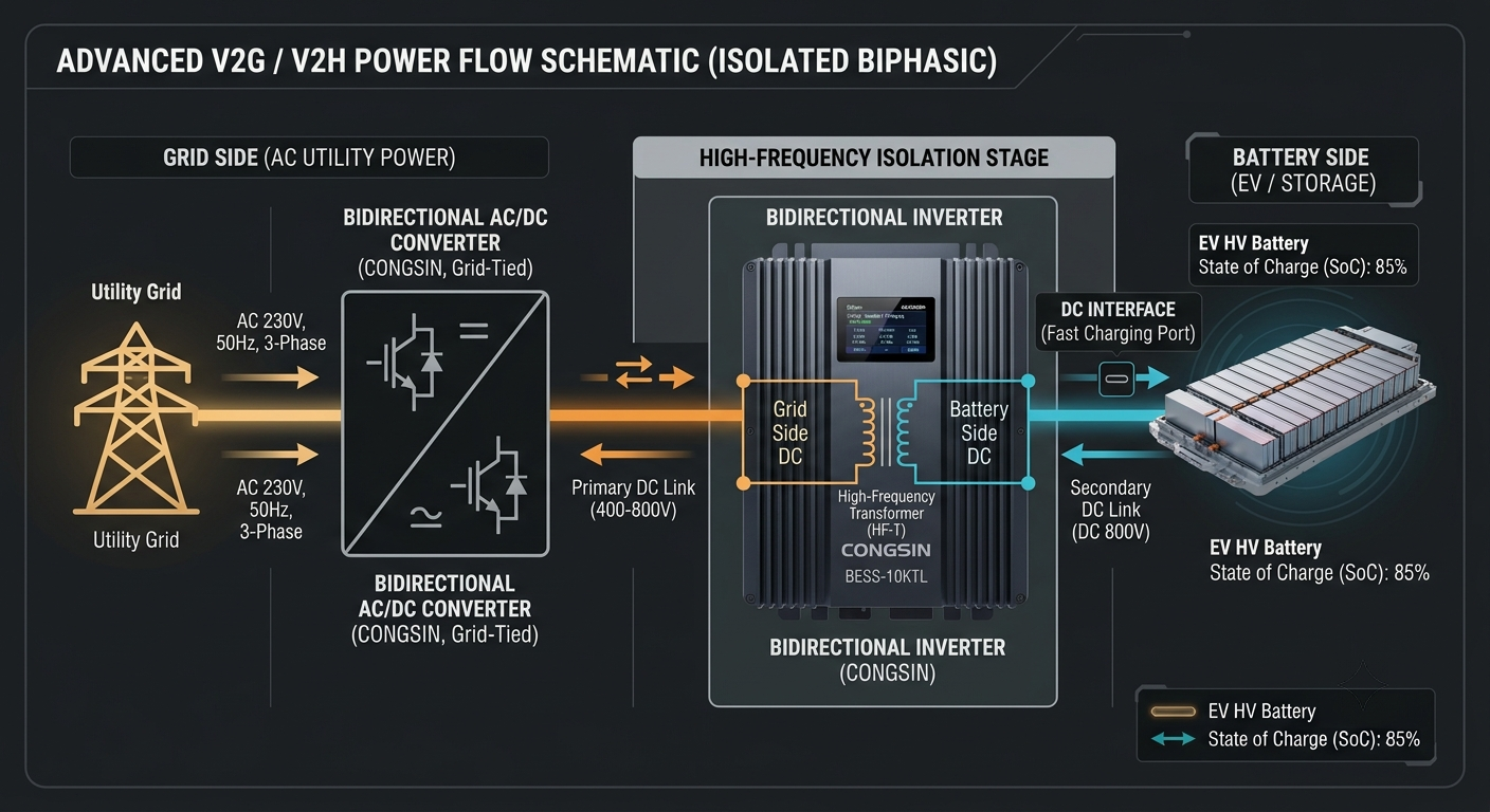 Multi-stage isolated high frequency bidirectional inverter architecture diagram.