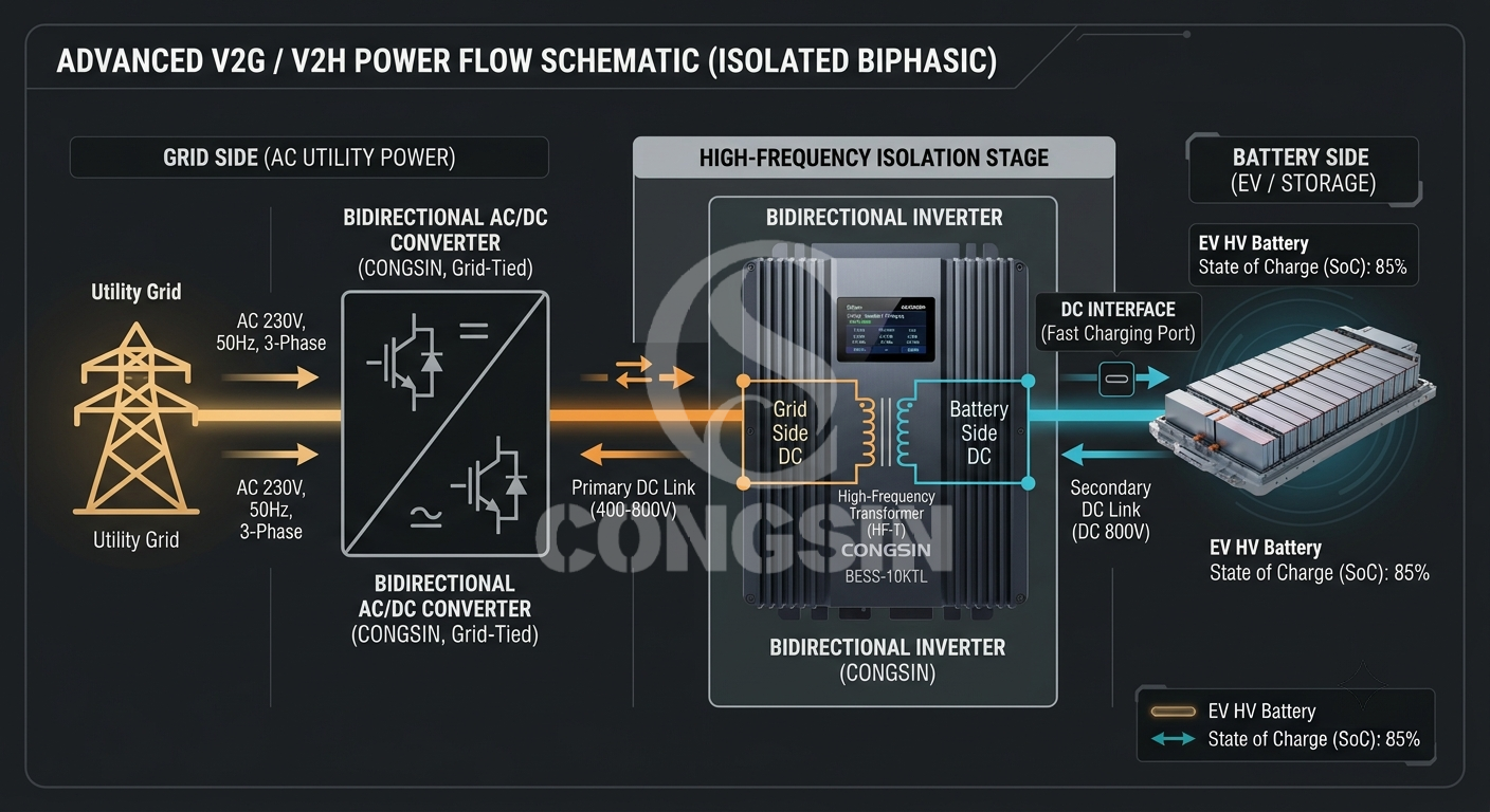 Multi-stage isolated high frequency bidirectional inverter architecture diagram. Multi-stage isolated high frequency bidirectional inverter architecture diagram.