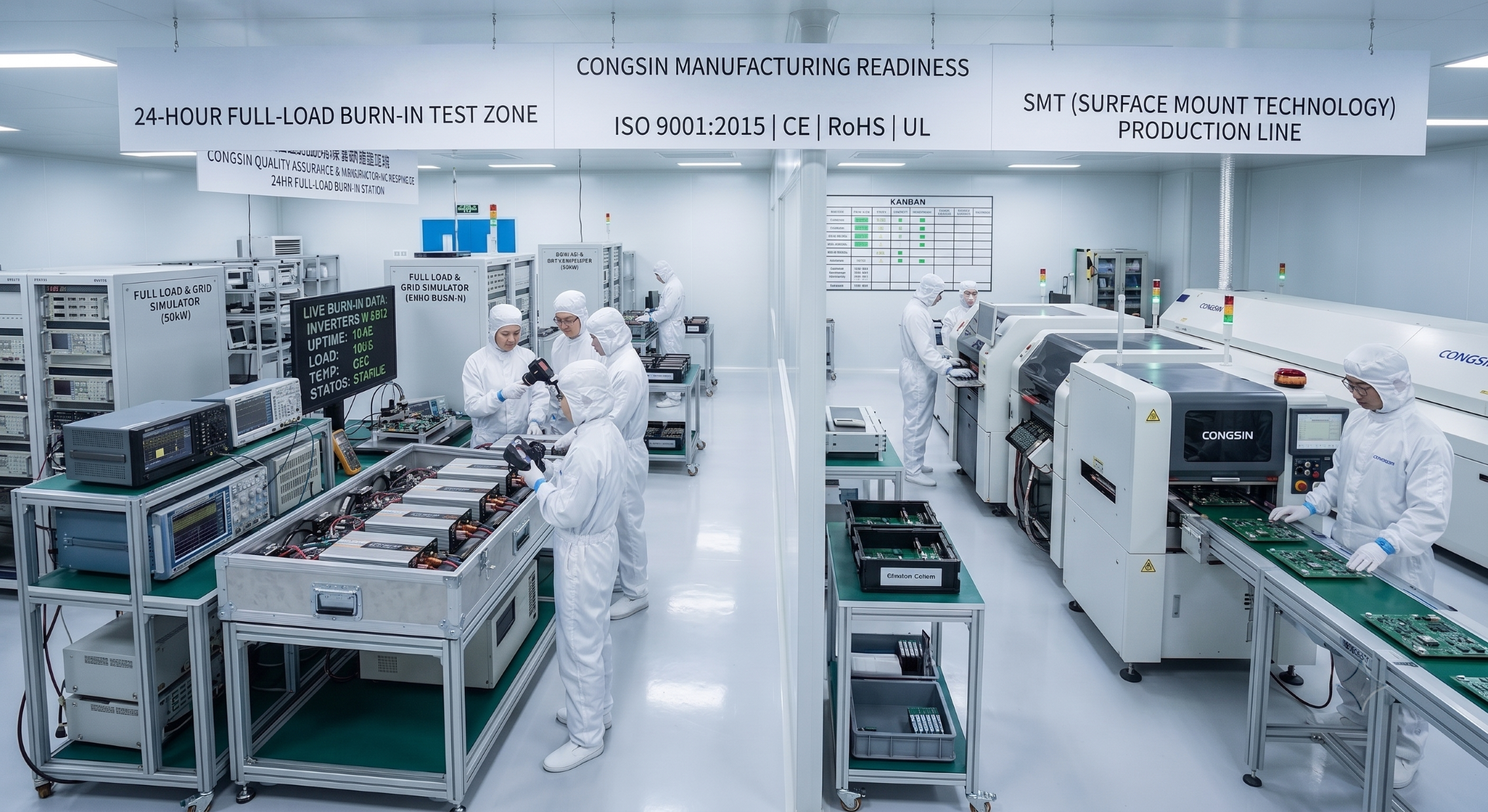 OEM manufacturing and full-load burn-in testing of pure sine wave inverters.