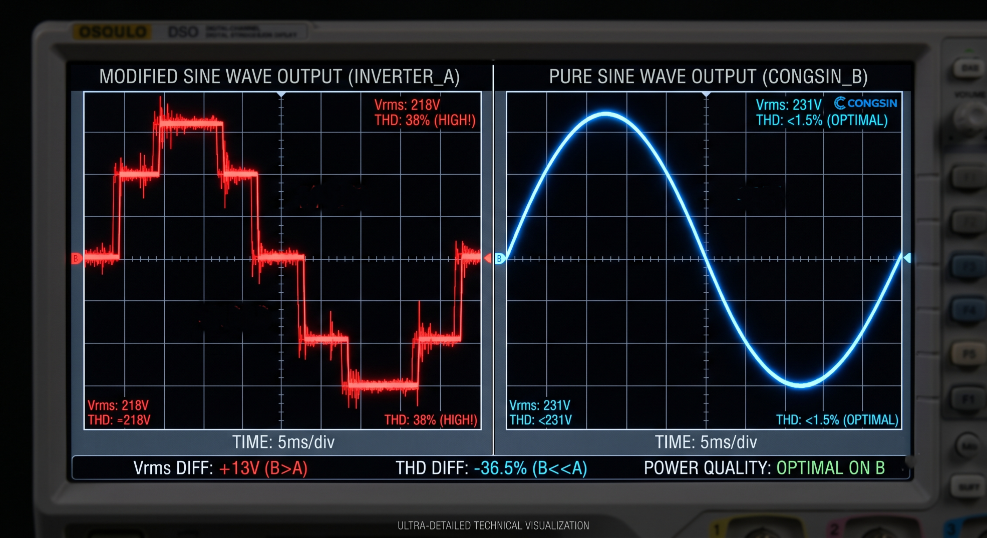 Oscilloscope comparing modified sine wave vs pure sine wave output