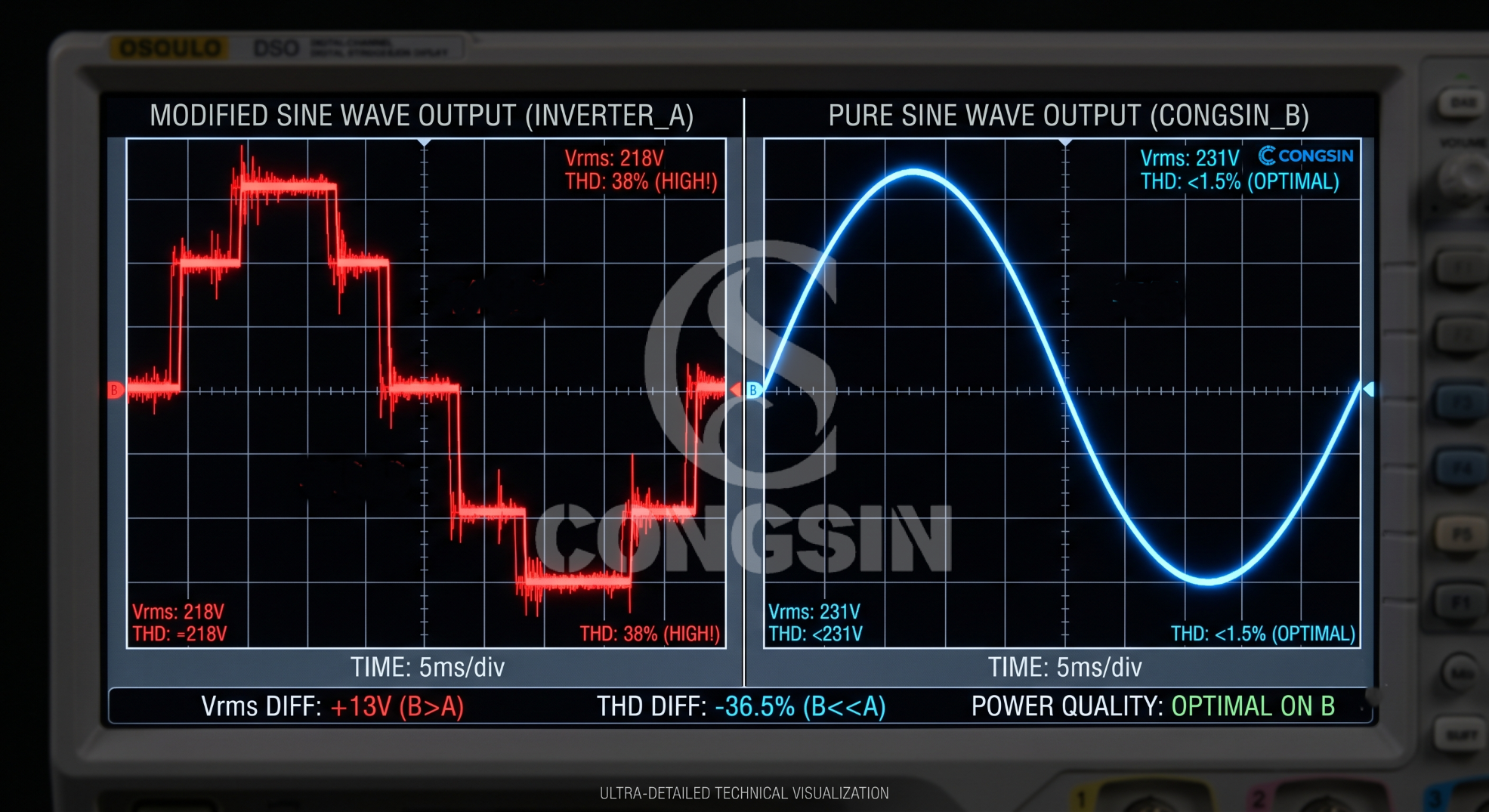 Oscilloscope comparing modified sine wave vs pure sine wave output Oscilloscope comparing modified sine wave vs pure sine wave output
