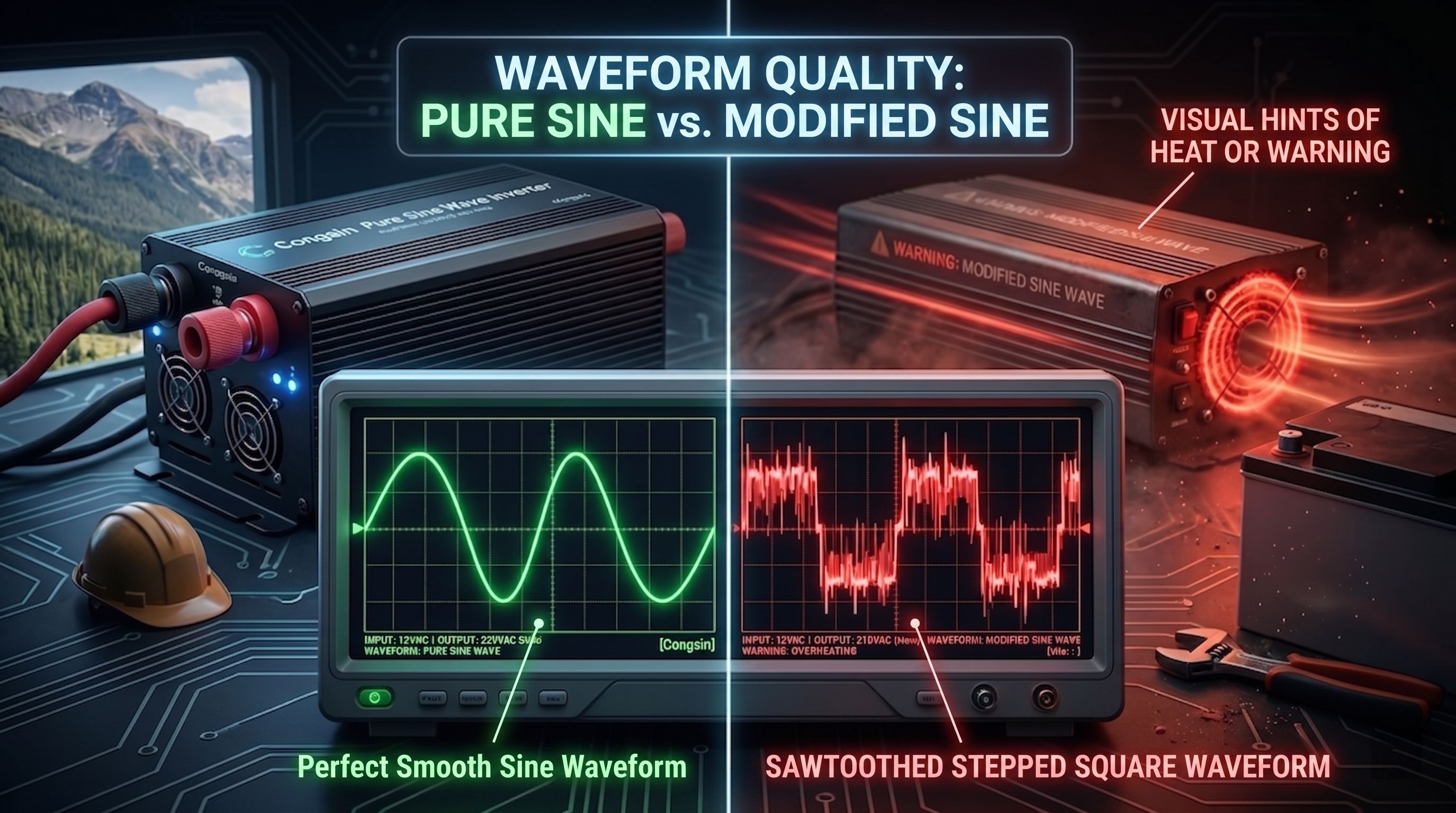 Oscilloscope comparison of pure sine wave vs modified sine wave inverter output - Congsin