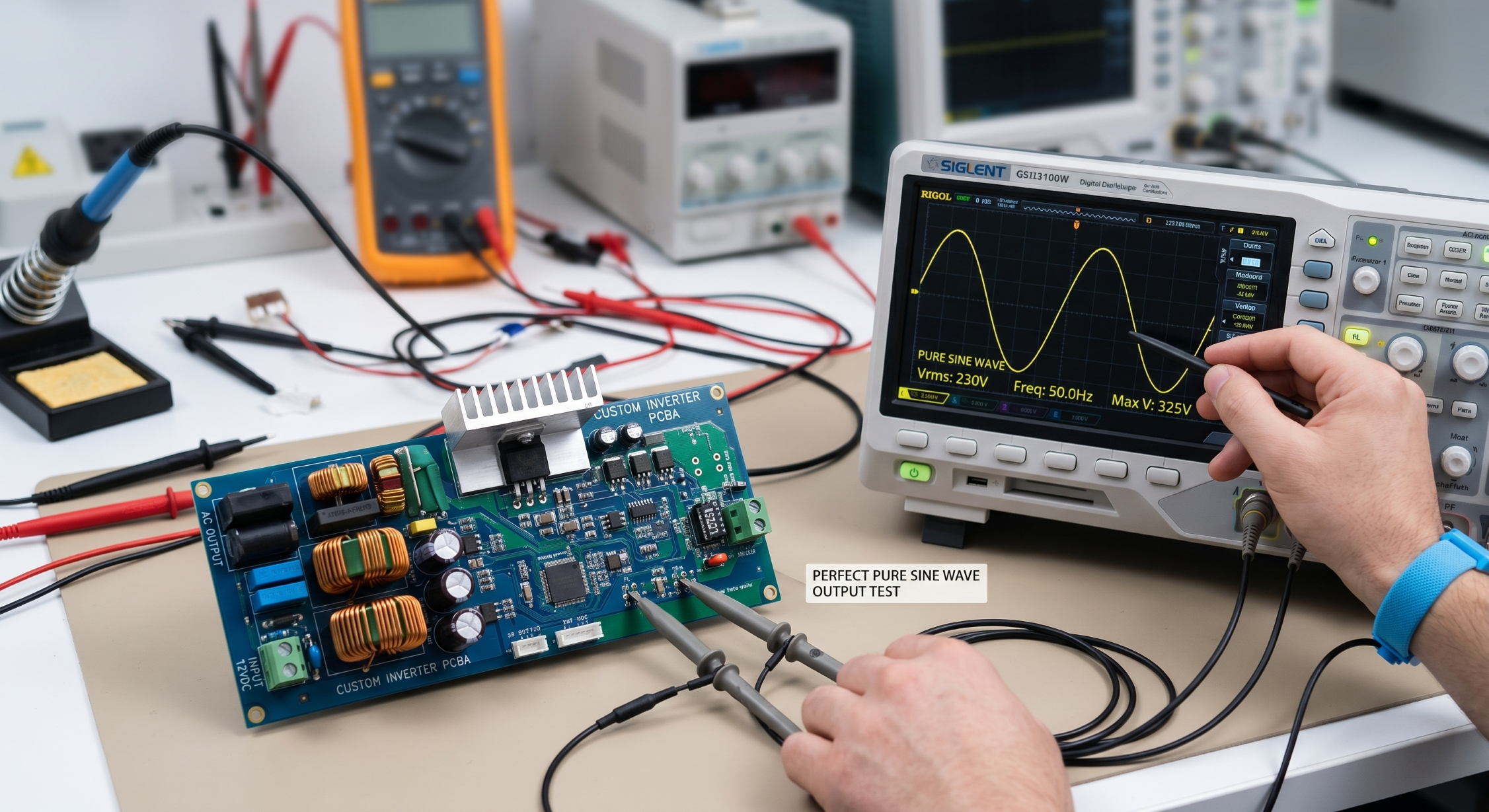 Oscilloscope displaying pure sine wave output from a customized car inverter circuit board