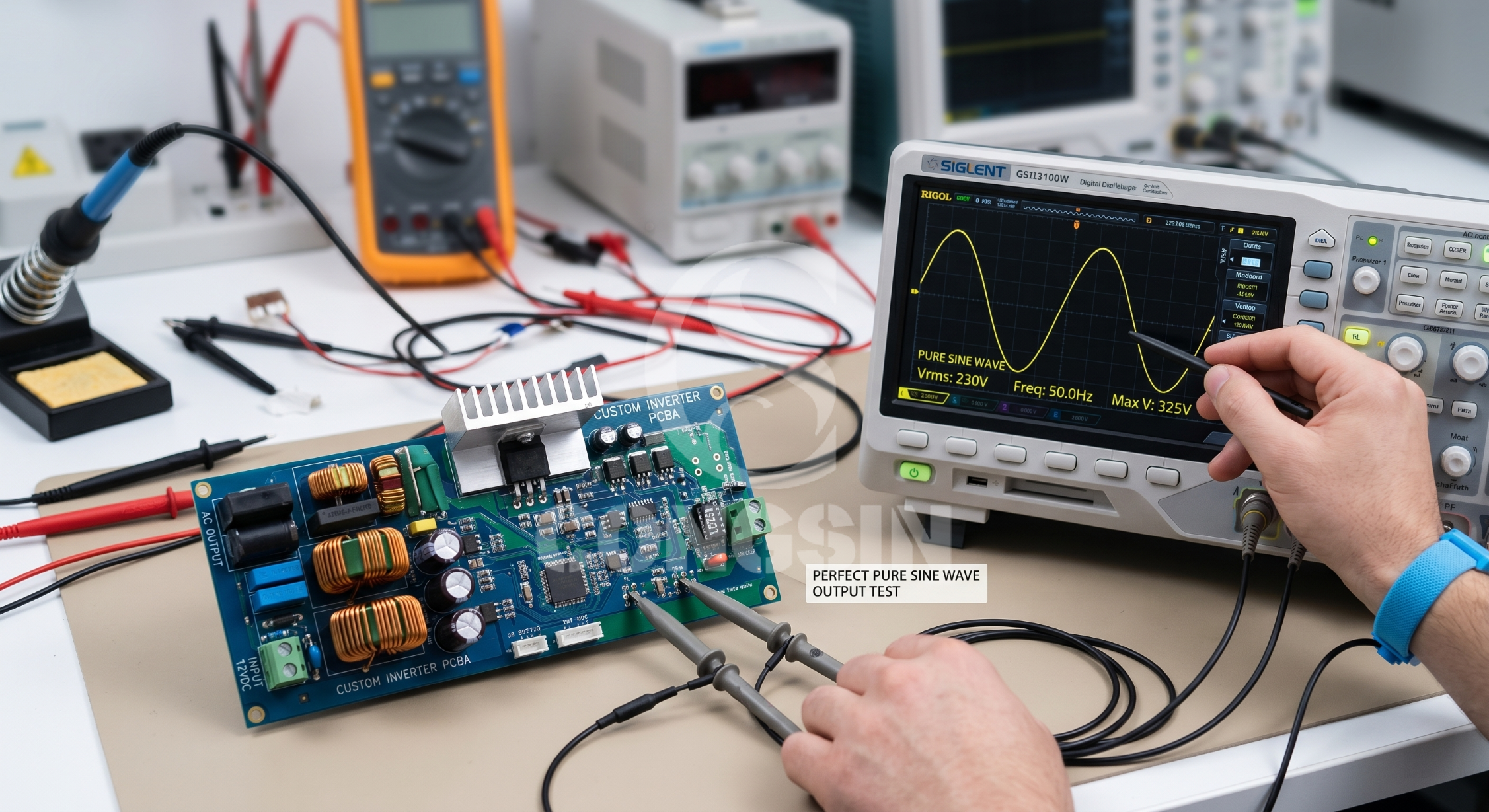 Oscilloscope displaying pure sine wave output from a customized car inverter circuit board Oscilloscope displaying pure sine wave output from a customized car inverter circuit board