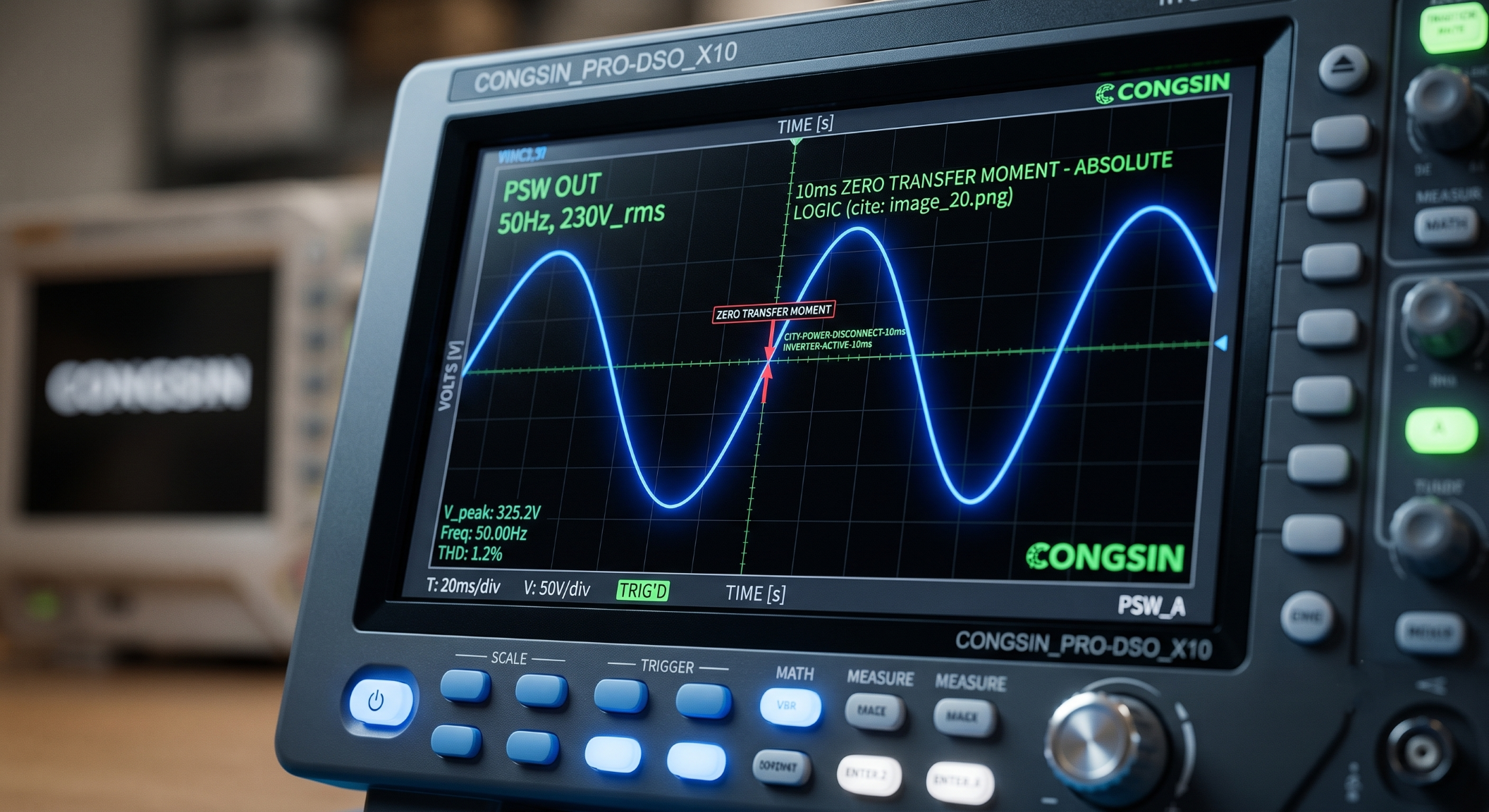 Oscilloscope showing zero transfer time pure sine wave power continuity