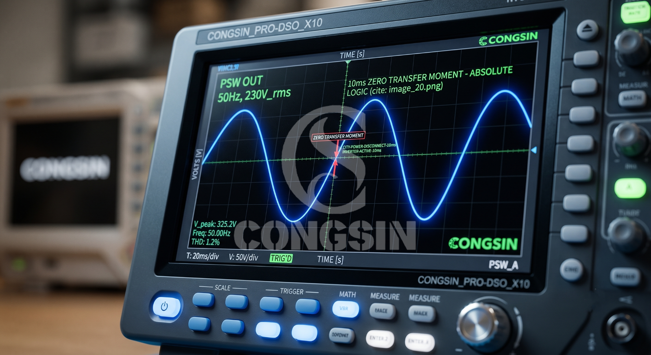 Oscilloscope showing zero transfer time pure sine wave power continuity Oscilloscope showing zero transfer time pure sine wave power continuity