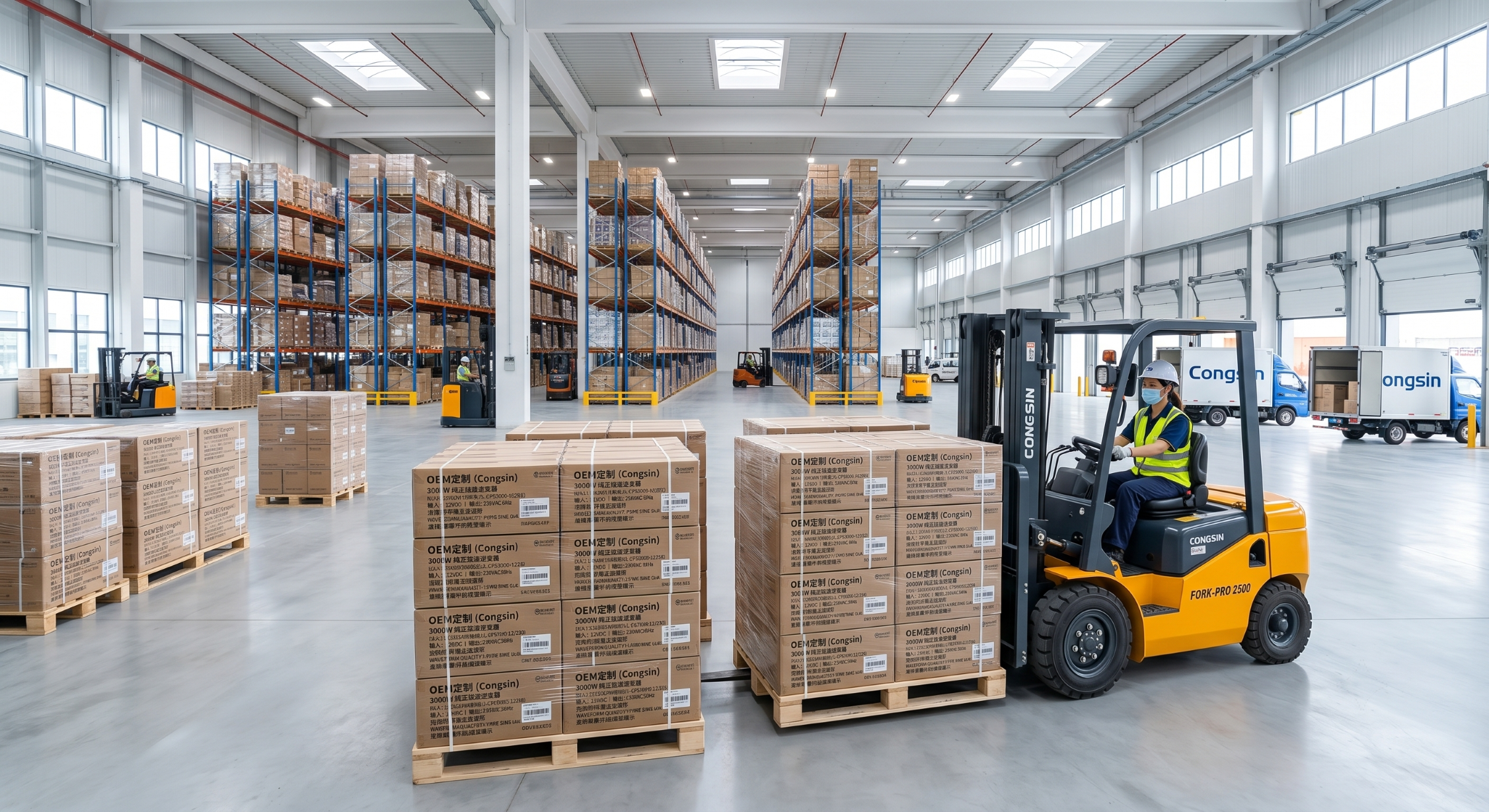 Pallets of OEM pure sine wave inverters ready for global distributor shipment