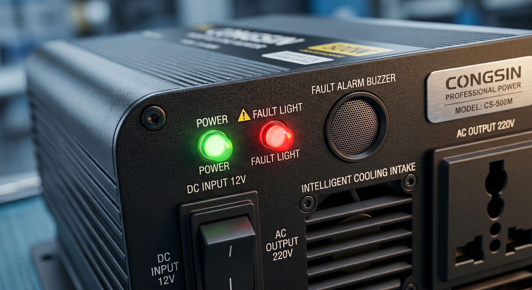 Power inverter red fault light and warning alarm