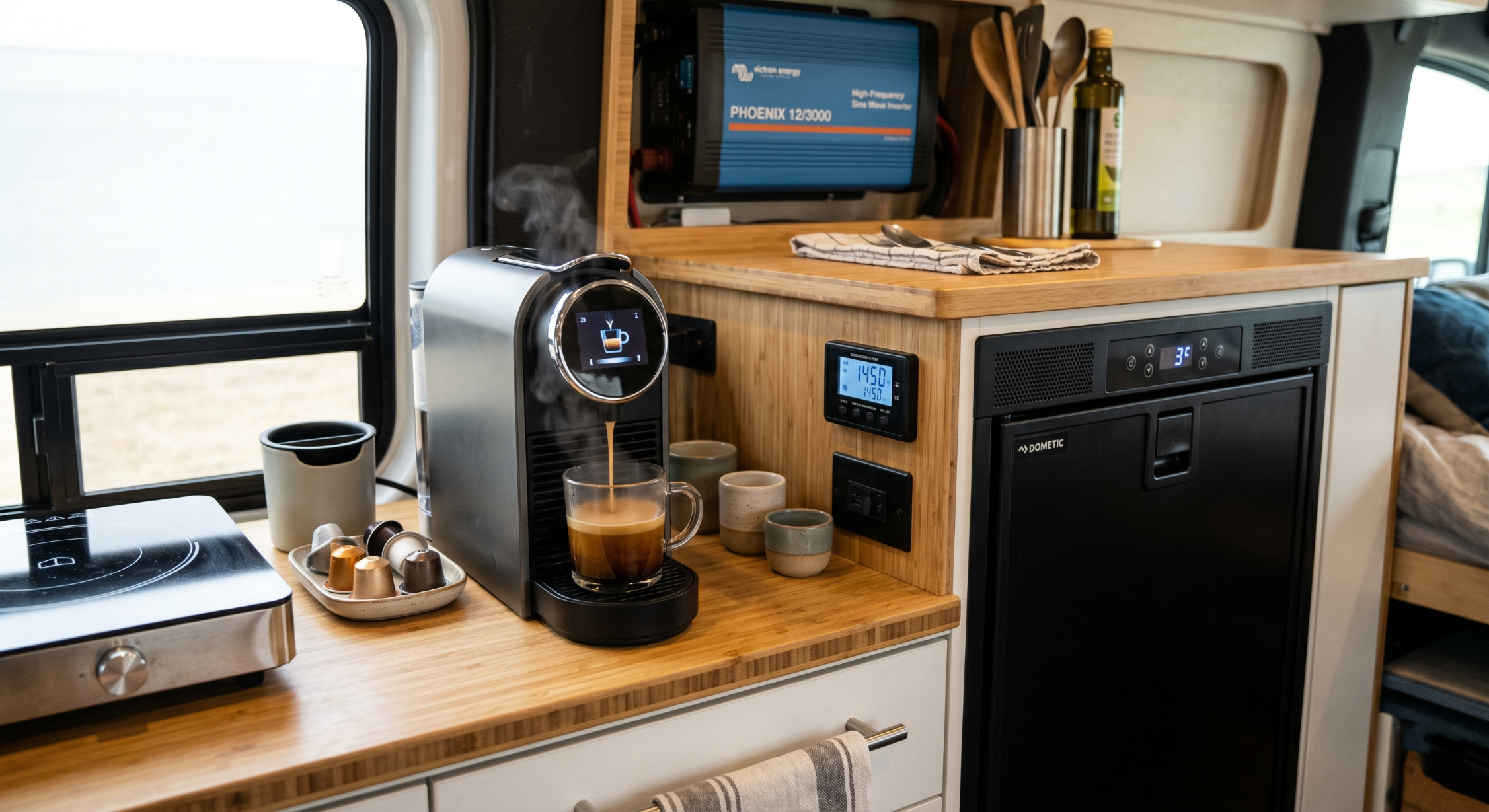 Powering RV kitchen appliances like coffee makers with a compact power inverter