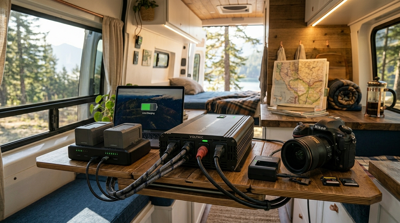 Pure sine wave inverter safely charging sensitive electronics on a road trip